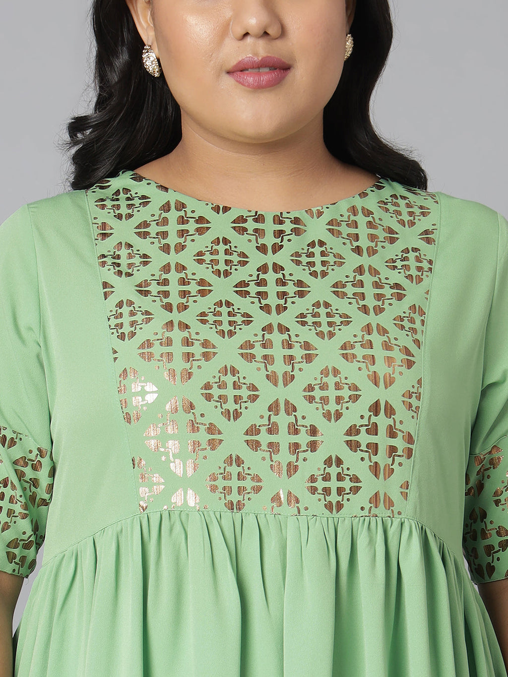 Janasya Women's Green Poly Crepe Foil Print Casual Flared Kurta