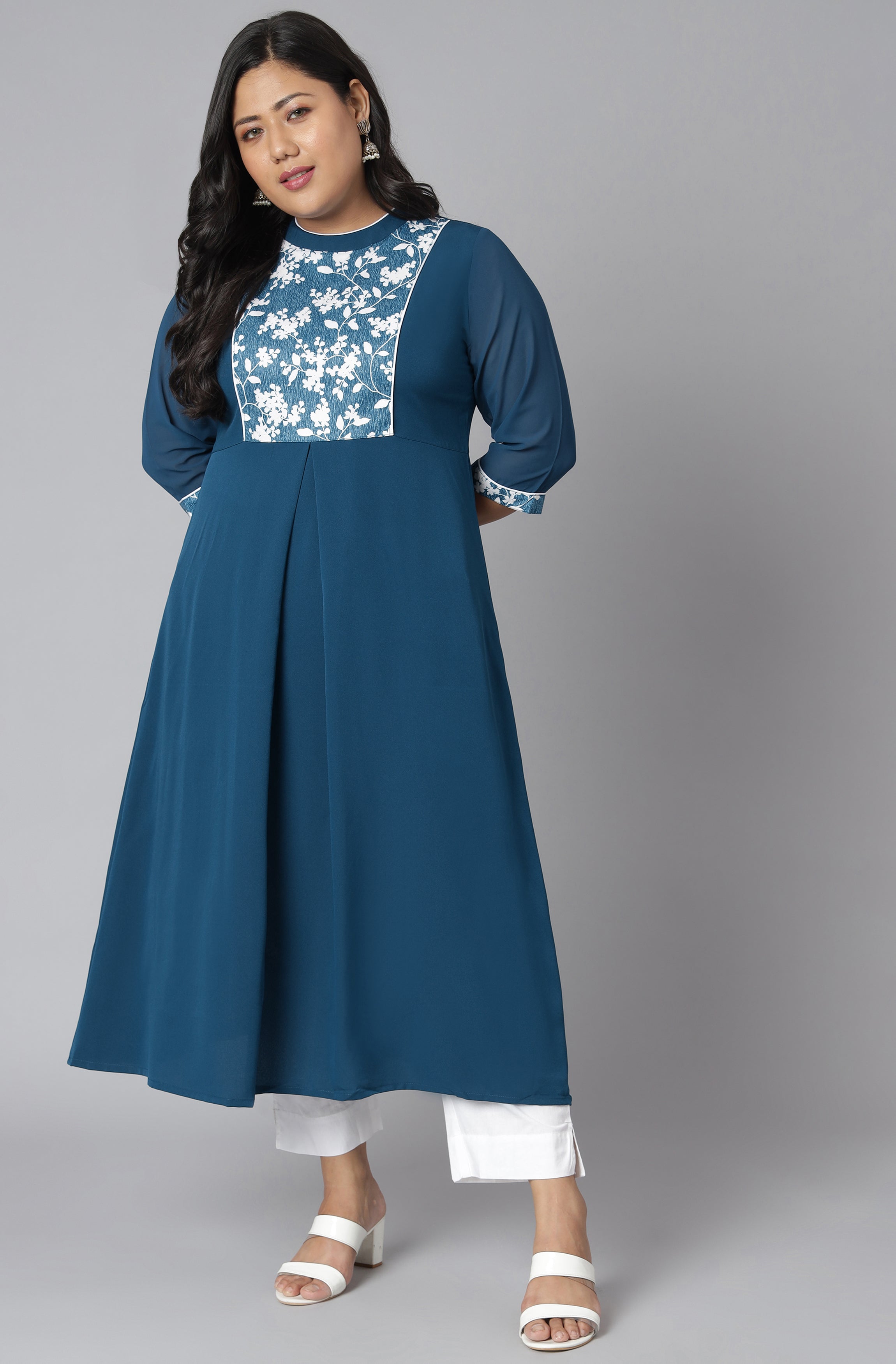Janasya Women's Teal Poly Crepe Floral Print Casual A-line Kurta