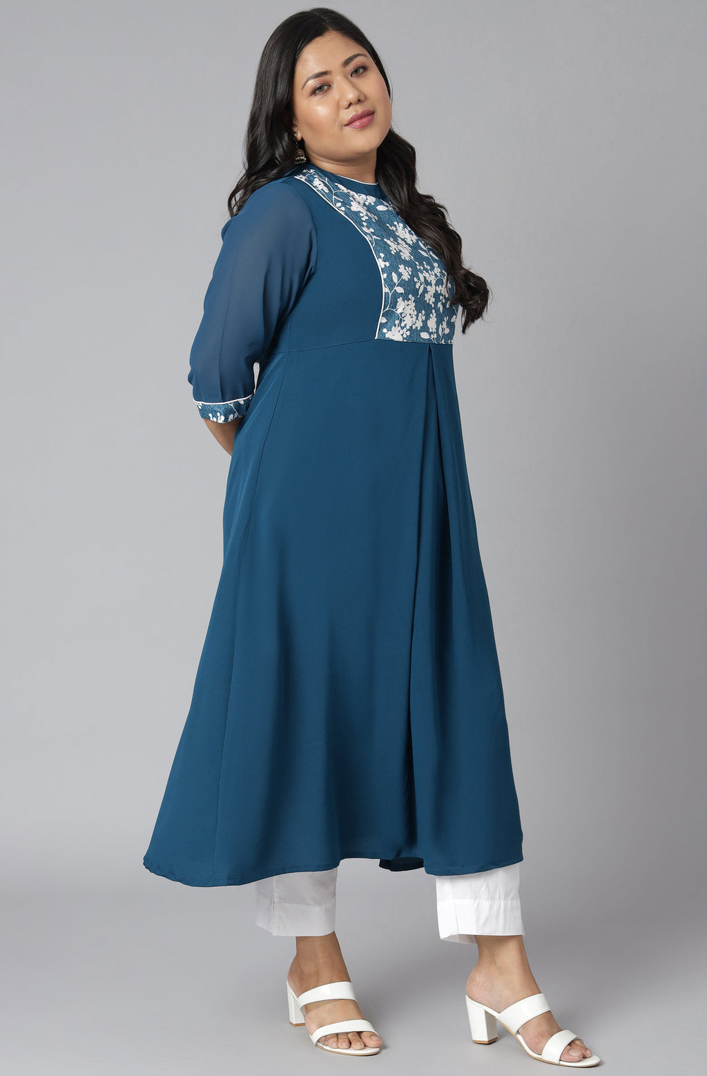 Janasya Women's Teal Poly Crepe Floral Print Casual A-line Kurta