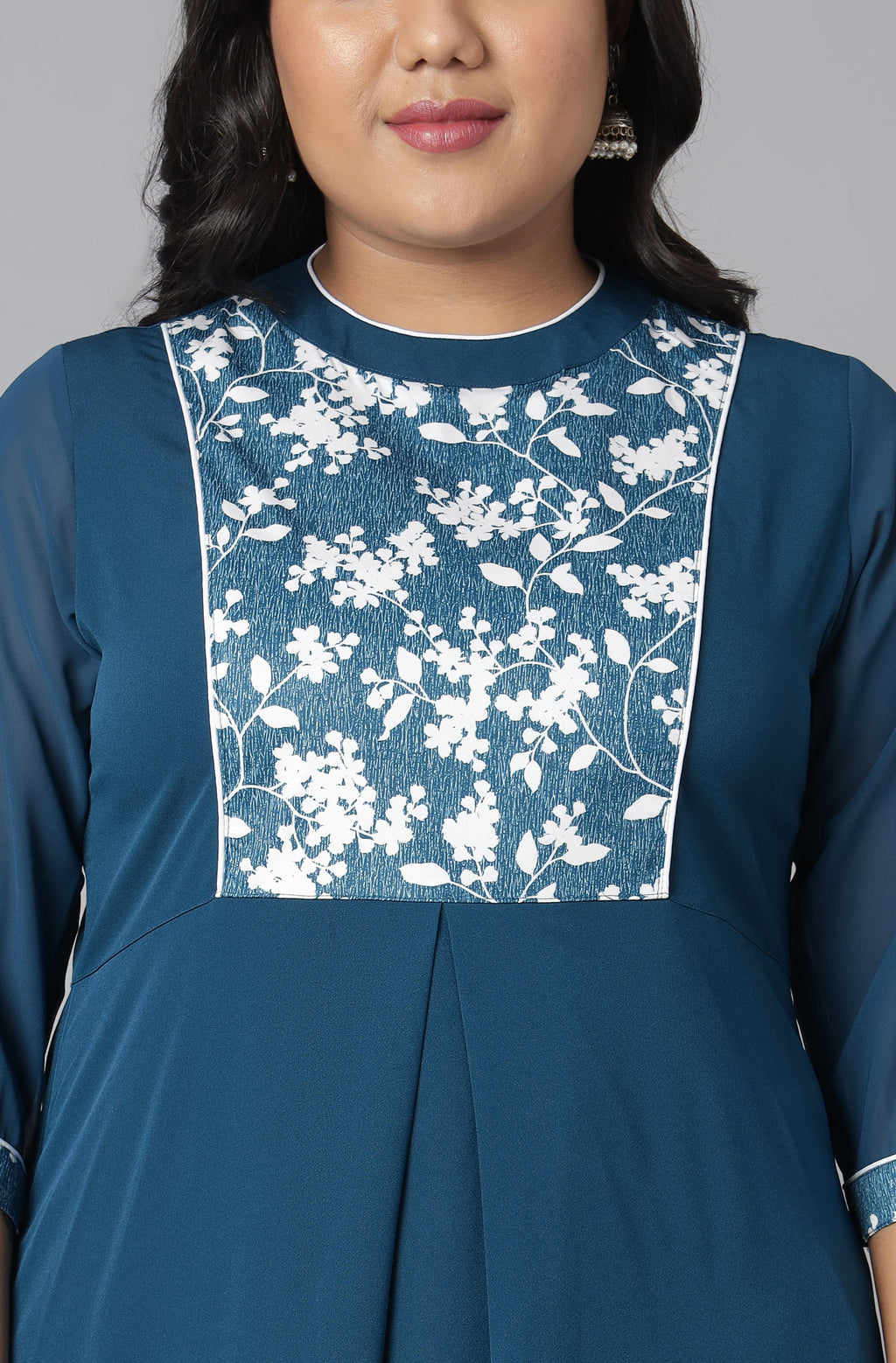 Janasya Women's Teal Poly Crepe Floral Print Casual A-line Kurta