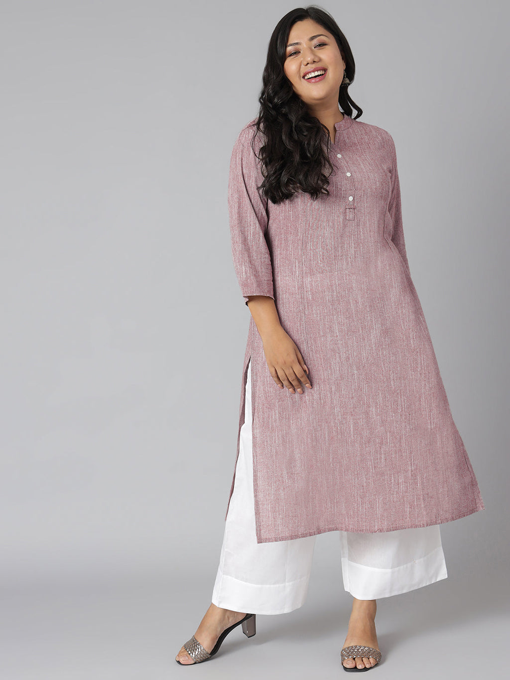 Janasya Women's Mauve Cotton Slub Solid Casual Straight Kurta
