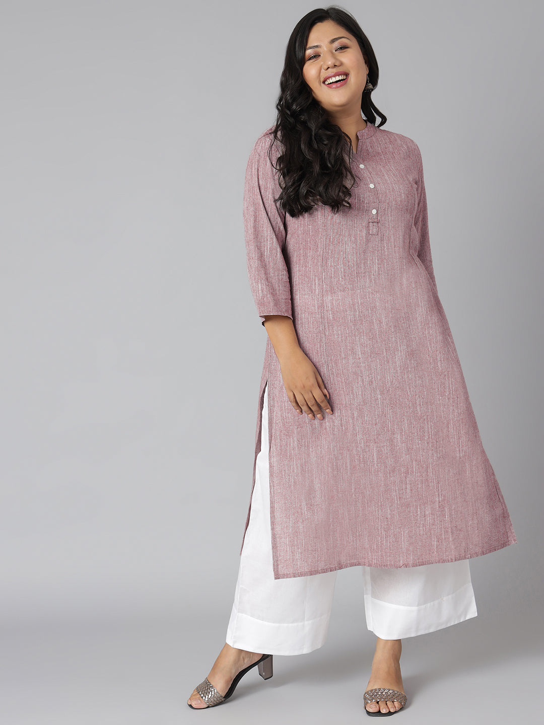 Janasya Women's Mauve Cotton Slub Solid Casual Straight Kurta