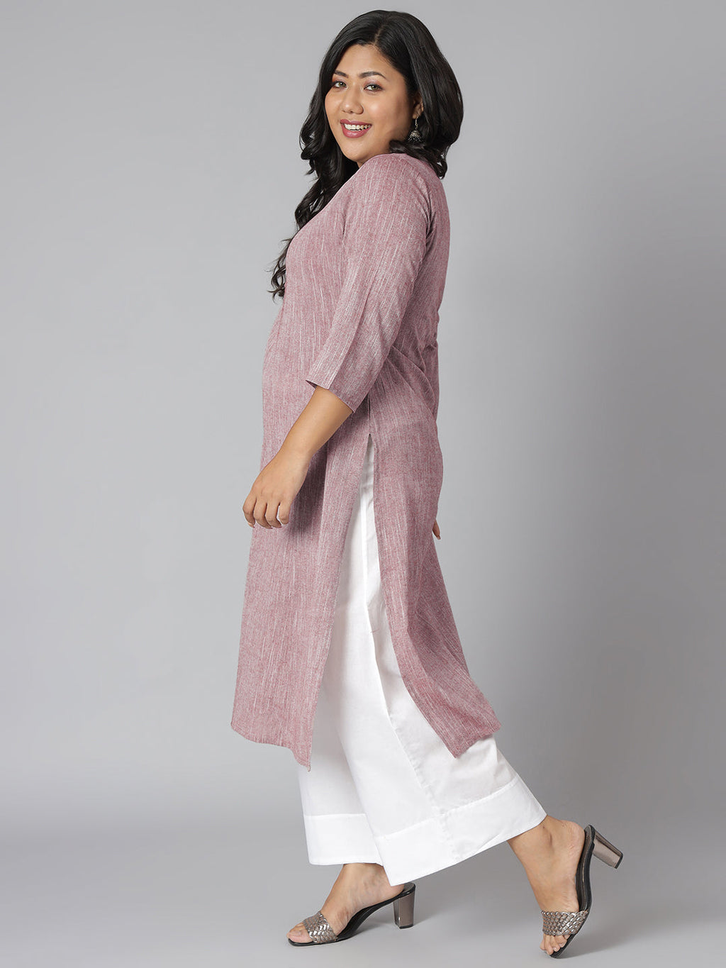 Janasya Women's Mauve Cotton Slub Solid Casual Straight Kurta