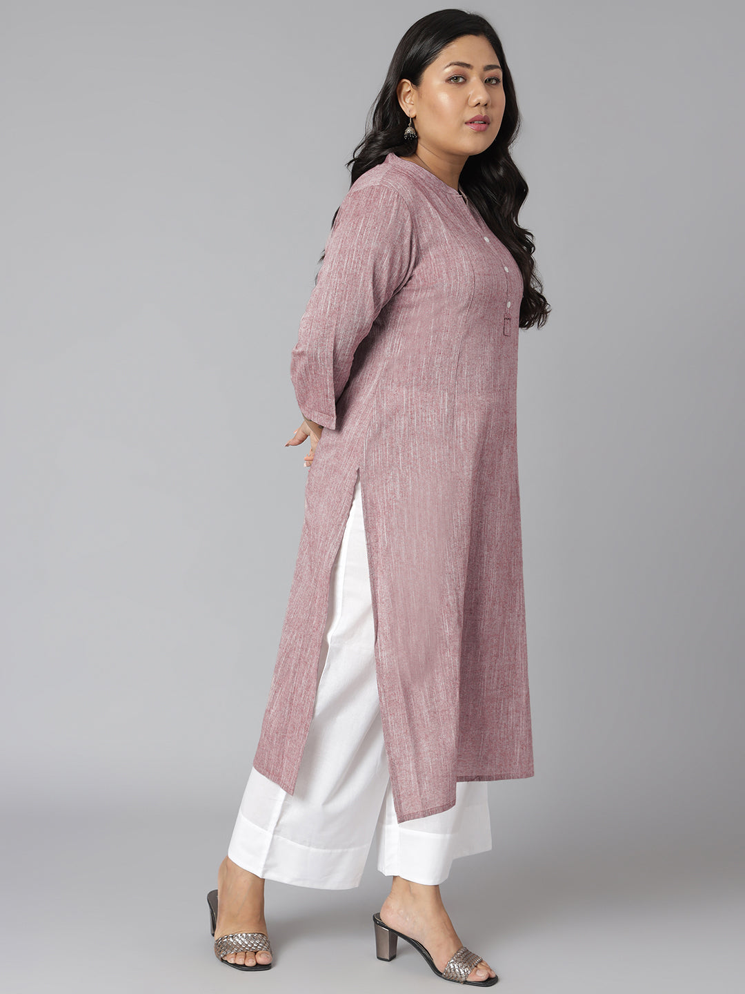 Janasya Women's Mauve Cotton Slub Solid Casual Straight Kurta