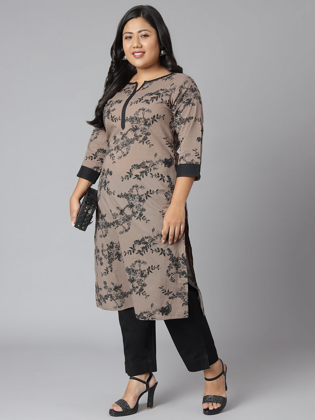Janasya Women's Grey Cotton Floral Print Casual Straight Kurta