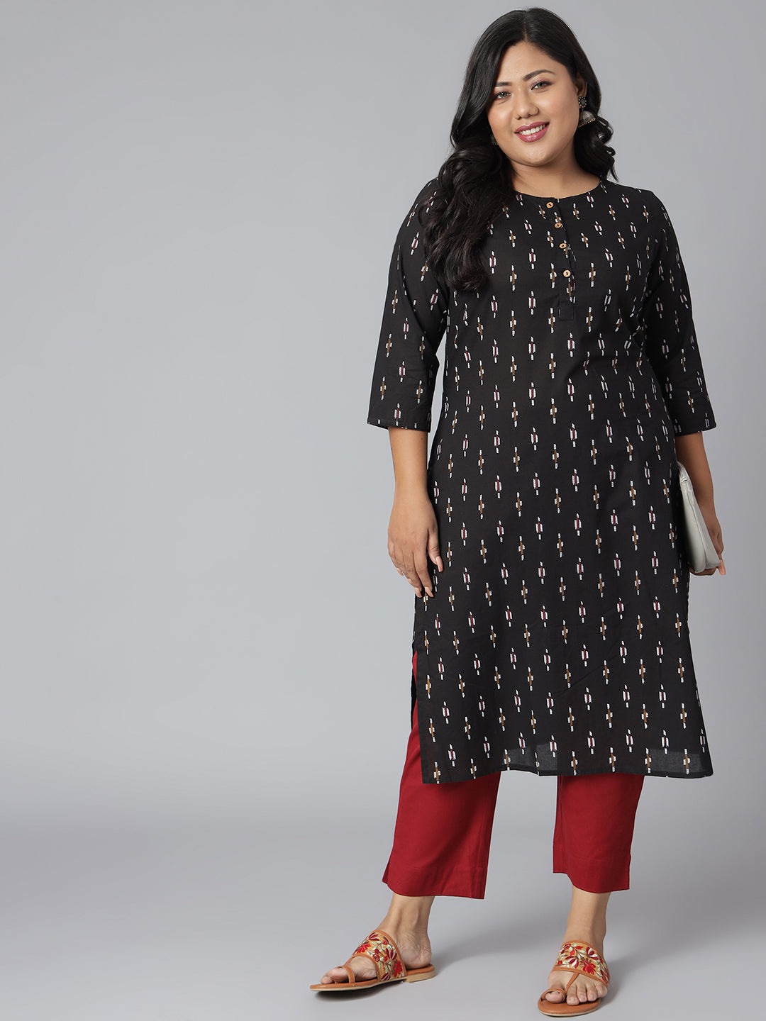 Janasya Women's Black Cotton Ikat Casual Straight Kurta