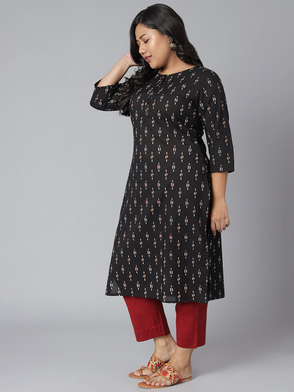 Janasya Women's Black Cotton Ikat Casual Straight Kurta