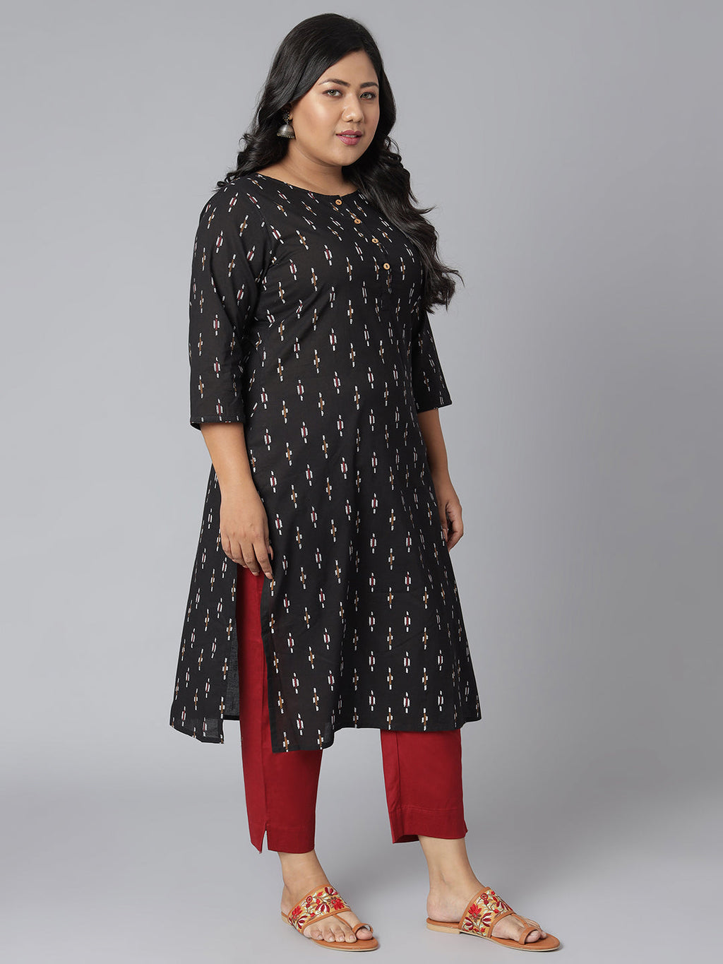 Janasya Women's Black Cotton Ikat Casual Straight Kurta