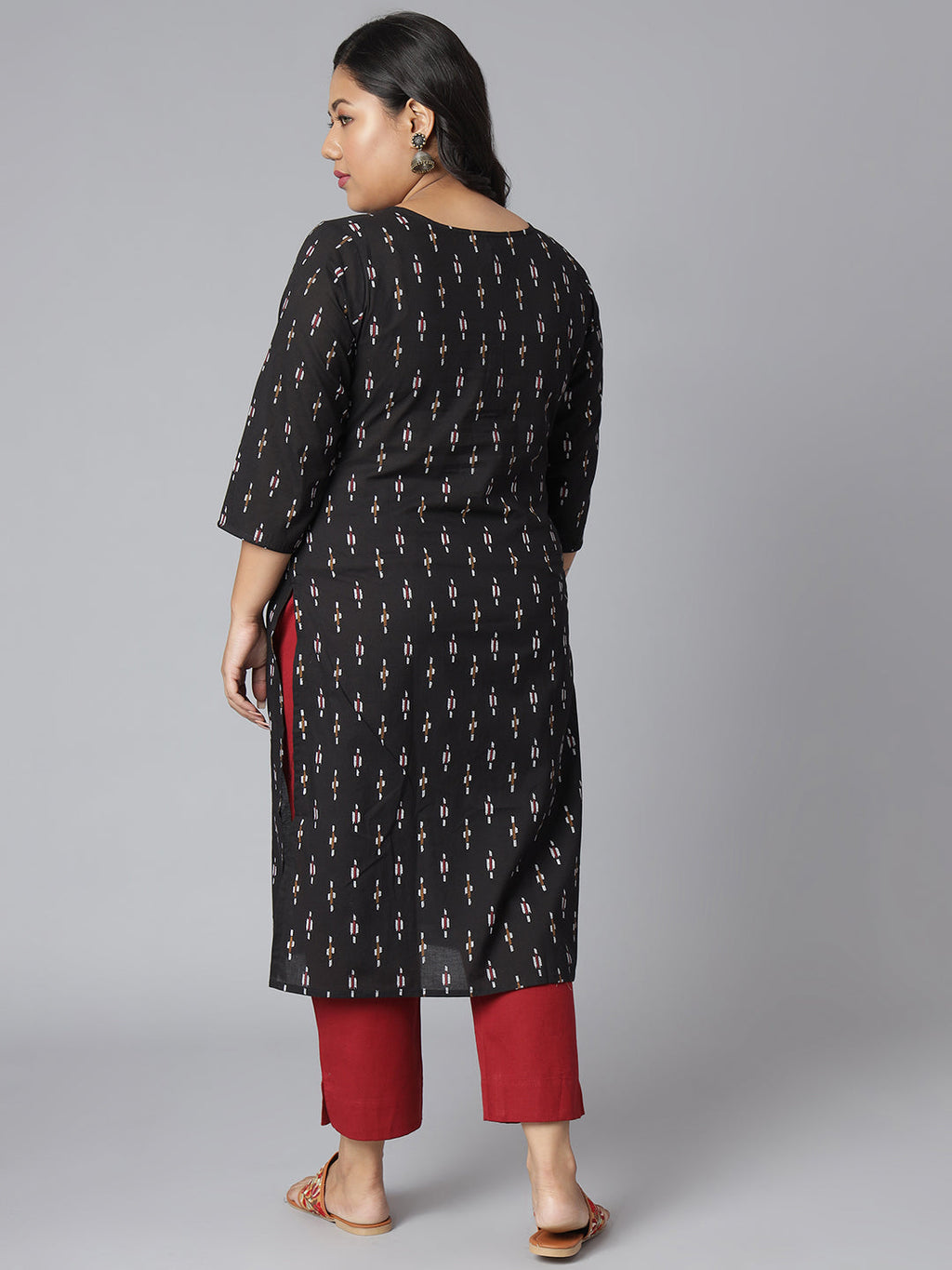 Janasya Women's Black Cotton Ikat Casual Straight Kurta