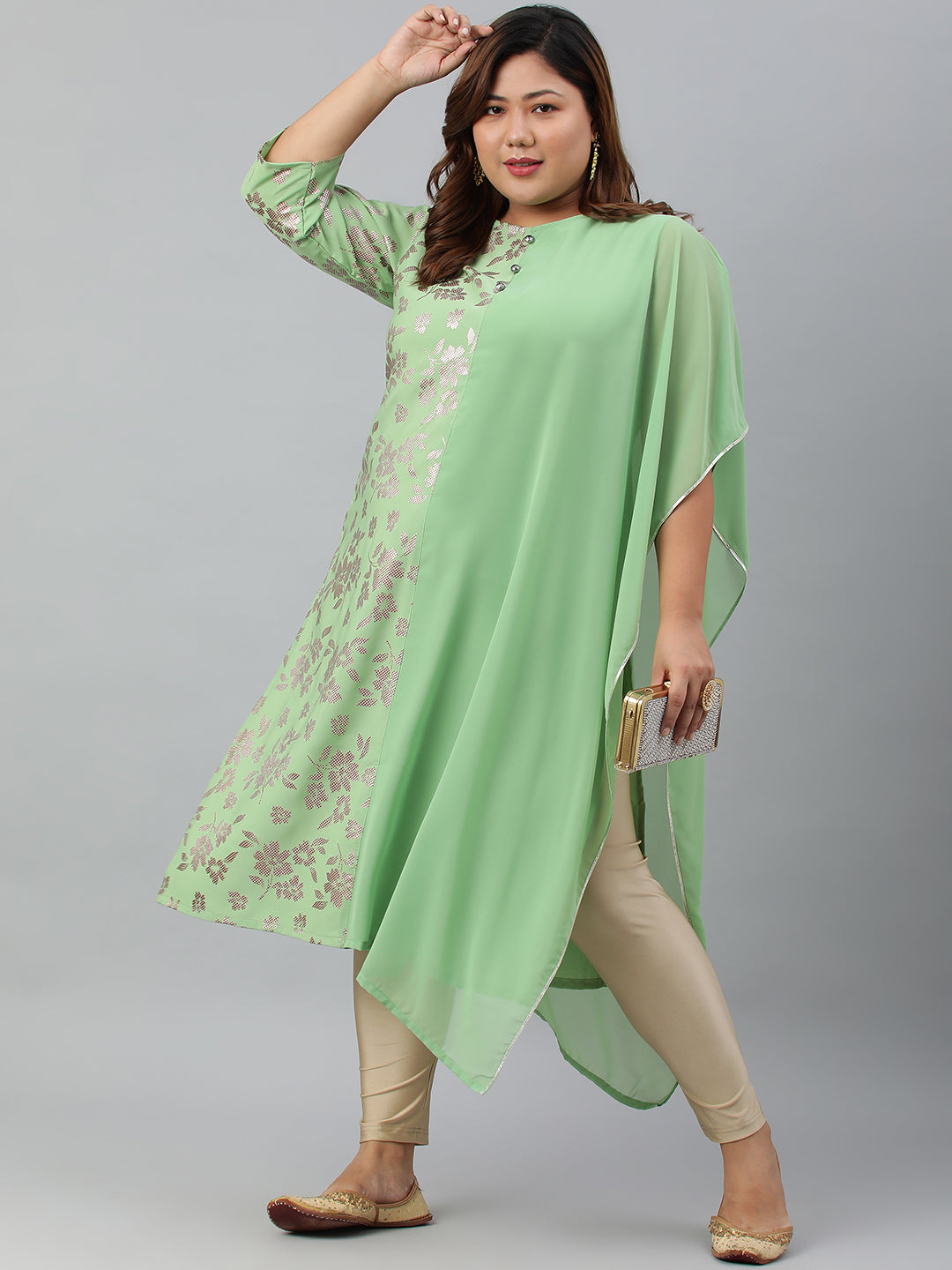 Janasya Women's Light Green Poly Crepe Foil Print Casual Straight kurta