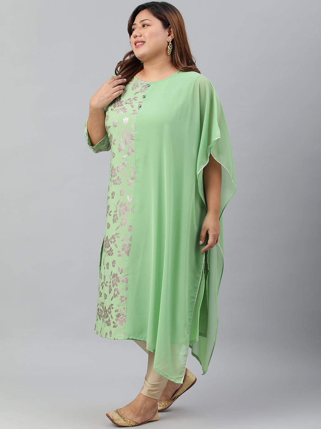 Janasya Women's Light Green Poly Crepe Foil Print Casual Straight kurta