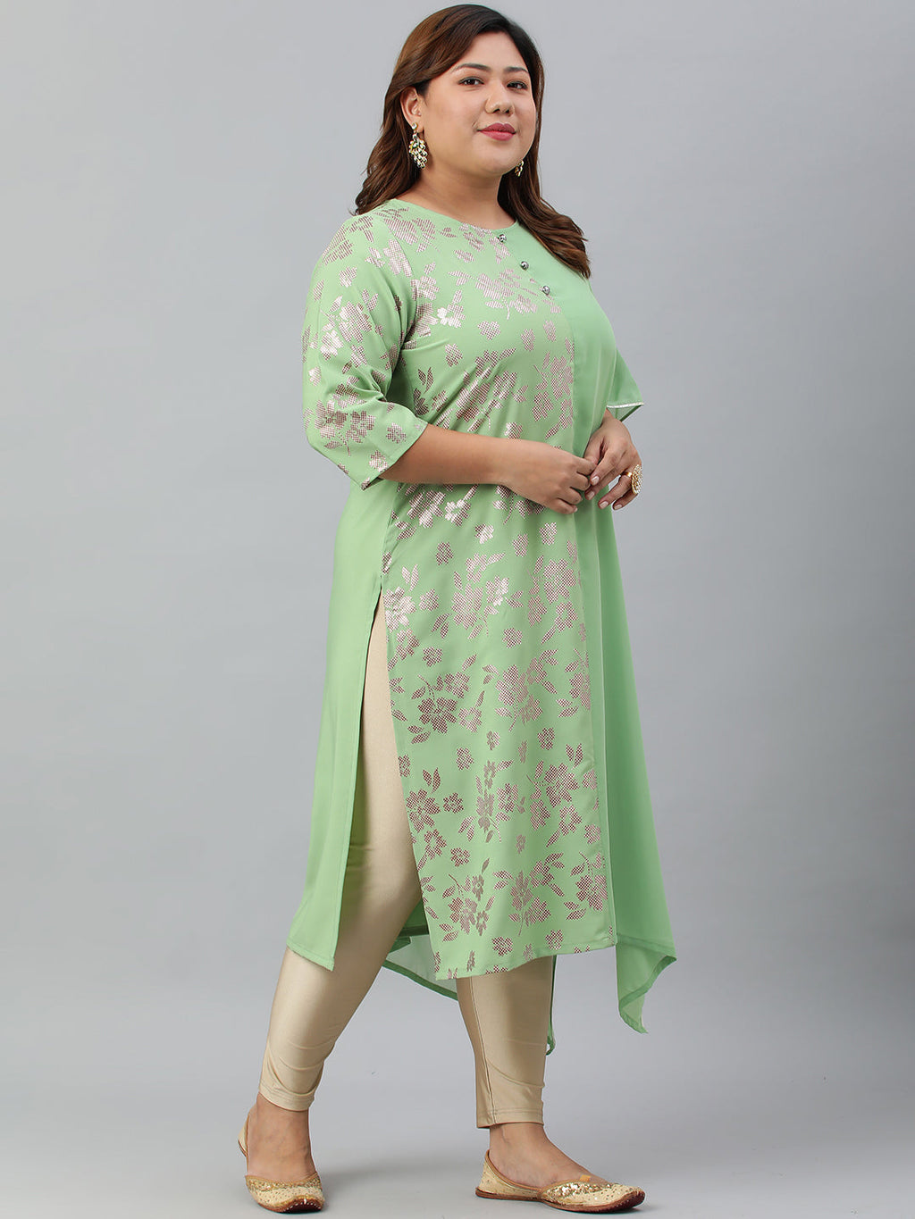 Janasya Women's Light Green Poly Crepe Foil Print Casual Straight kurta