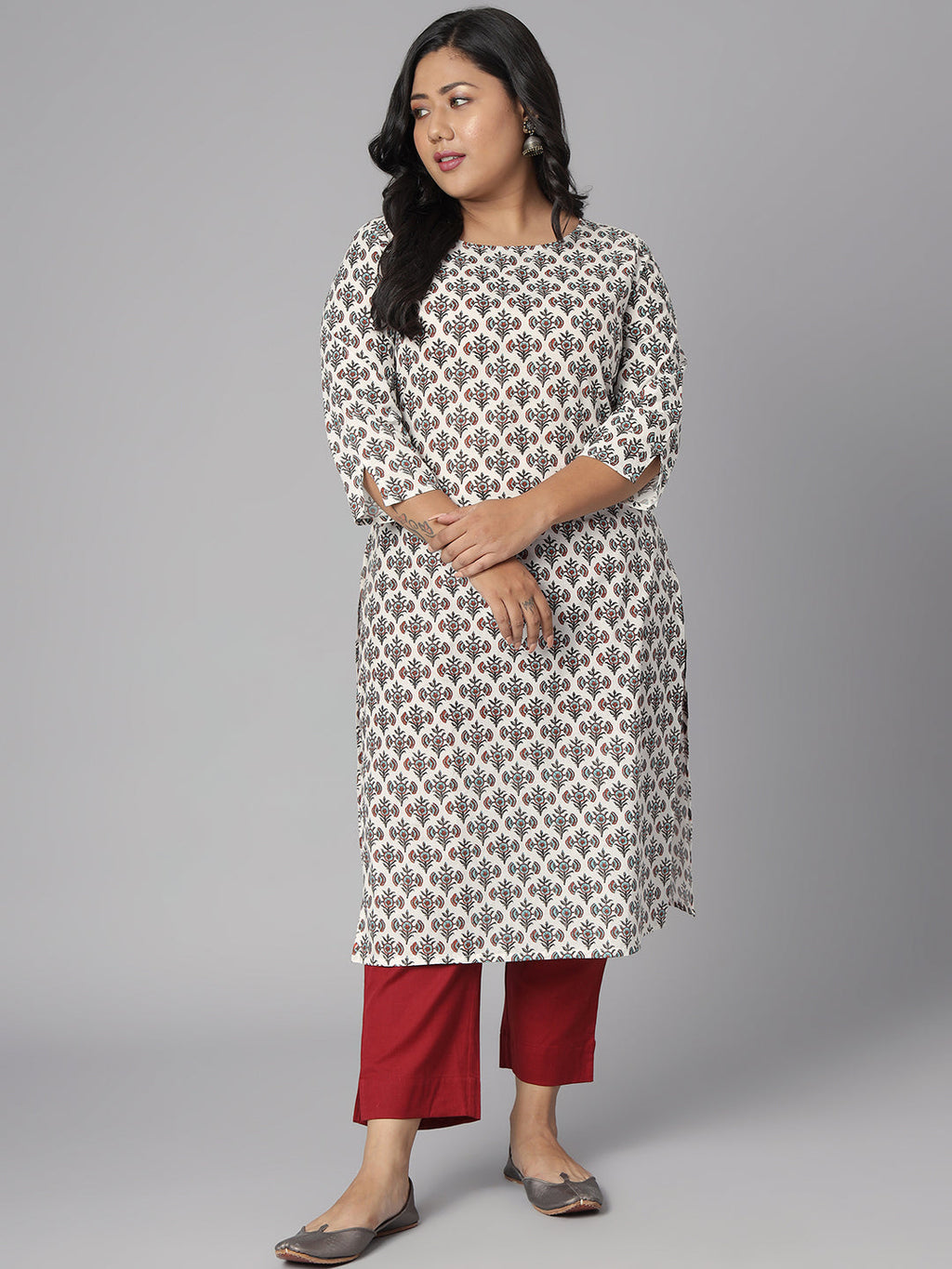 Janasya Women's White Cotton Floral Print Casual Straight Kurta