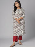 Janasya Women's White Cotton Floral Print Casual Straight Kurta