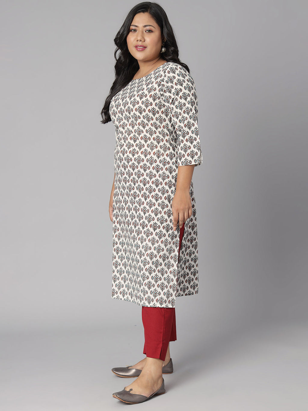 Janasya Women's White Cotton Floral Print Casual Straight Kurta