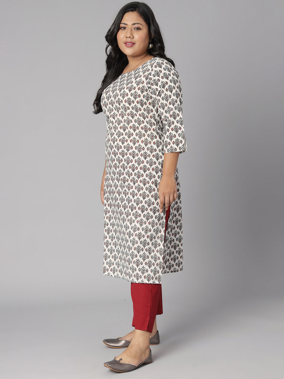Janasya Women's White Cotton Floral Print Casual Straight Kurta