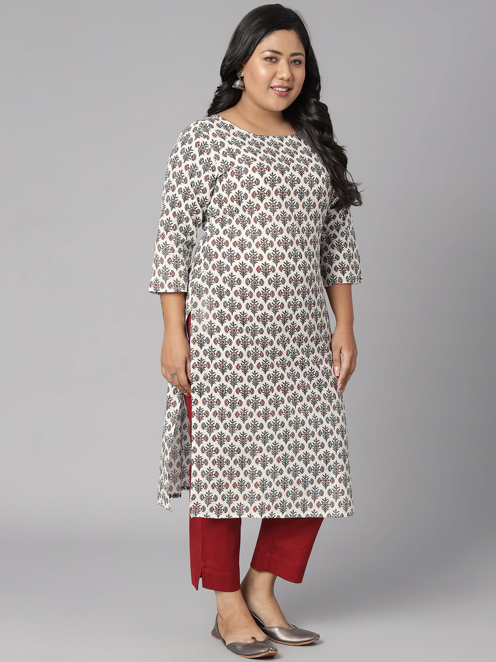 Janasya Women's White Cotton Floral Print Casual Straight Kurta