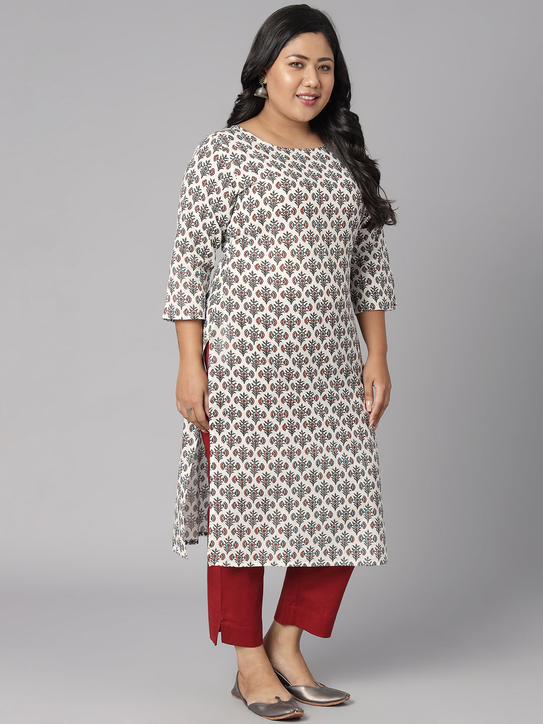Janasya Women's White Cotton Floral Print Casual Straight Kurta