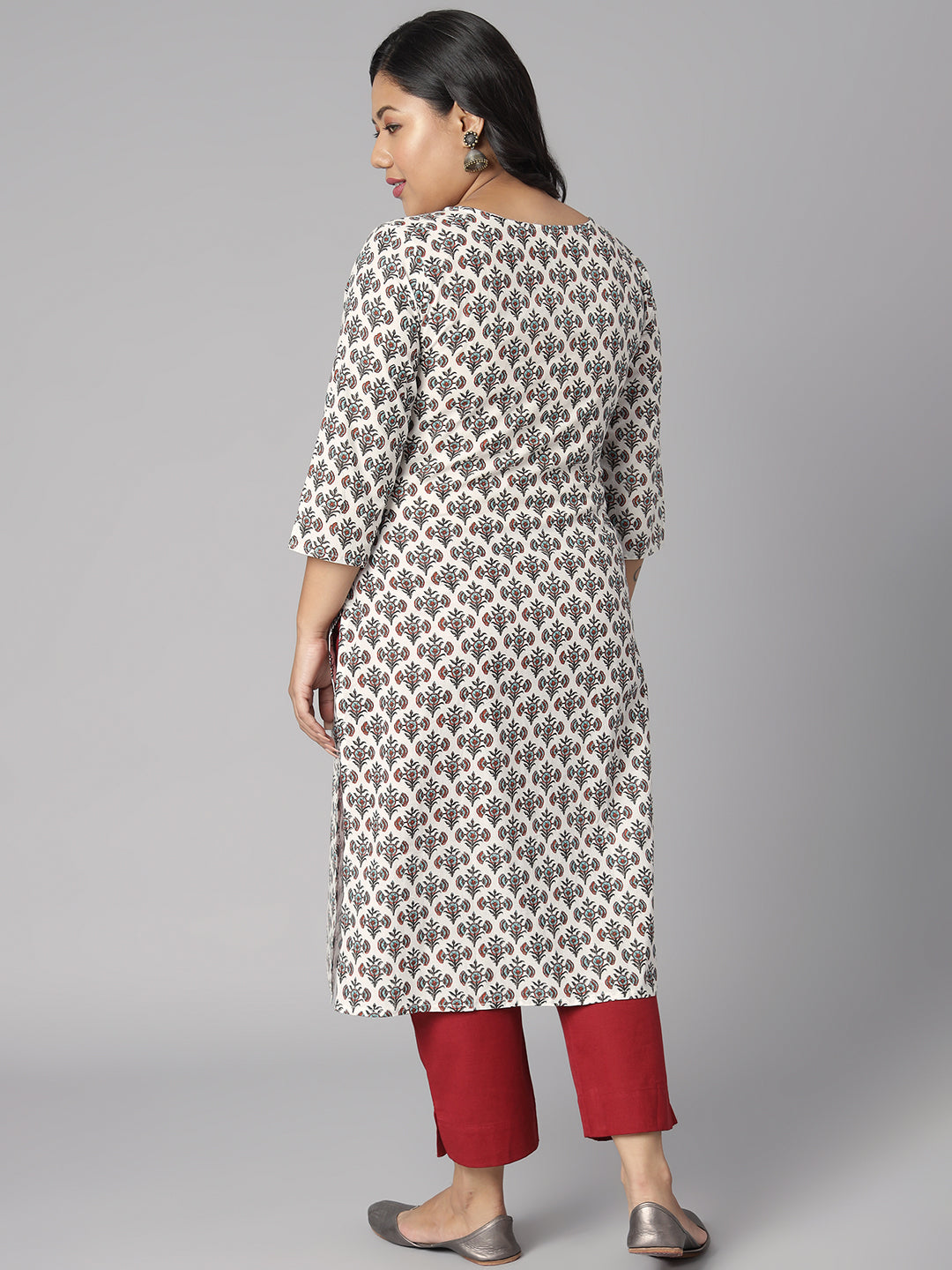 Janasya Women's White Cotton Floral Print Casual Straight Kurta