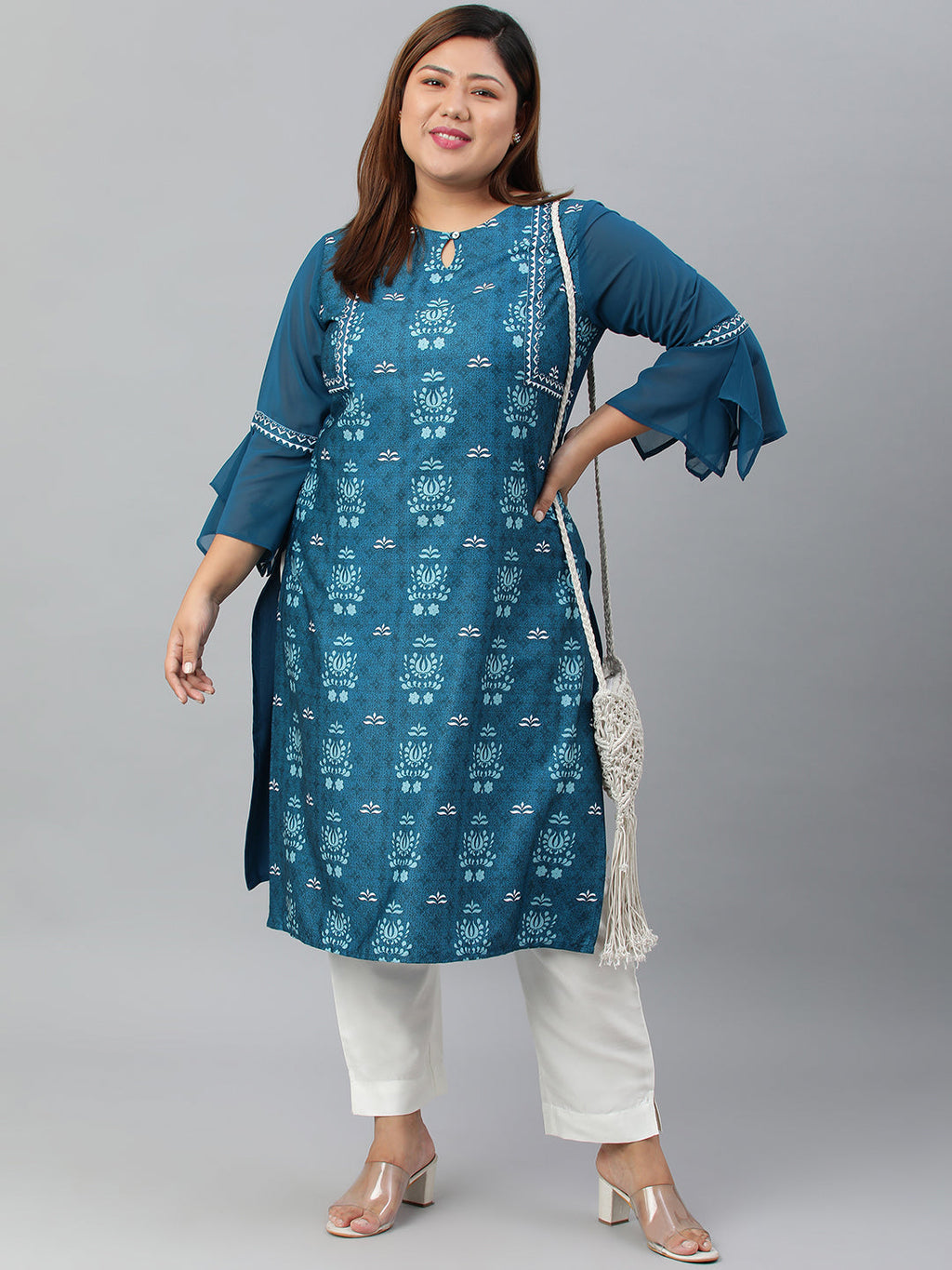 Janasya Women's Teal Poly Crepe Digital Print Casual Straight kurta