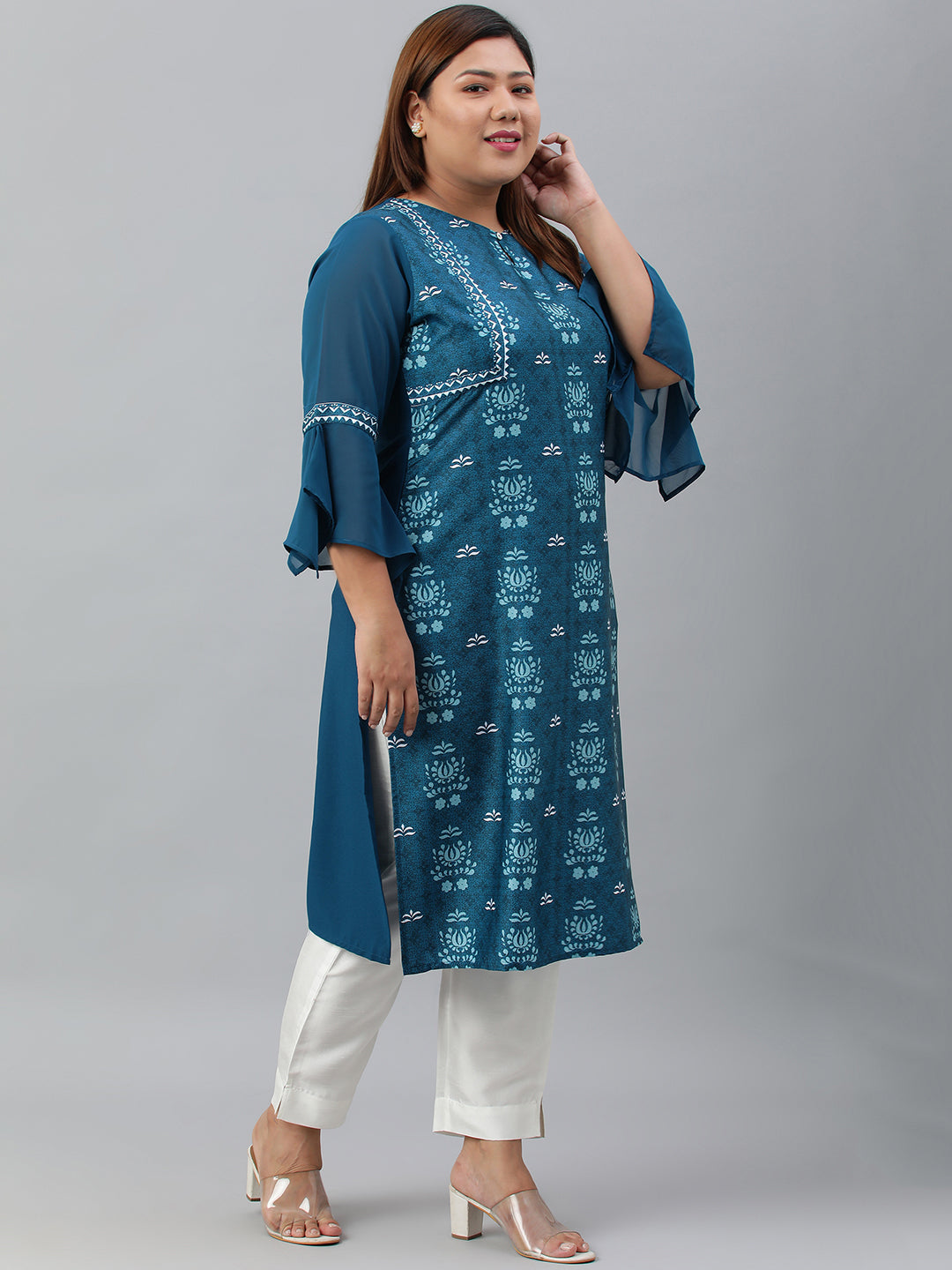 Janasya Women's Teal Poly Crepe Digital Print Casual Straight kurta