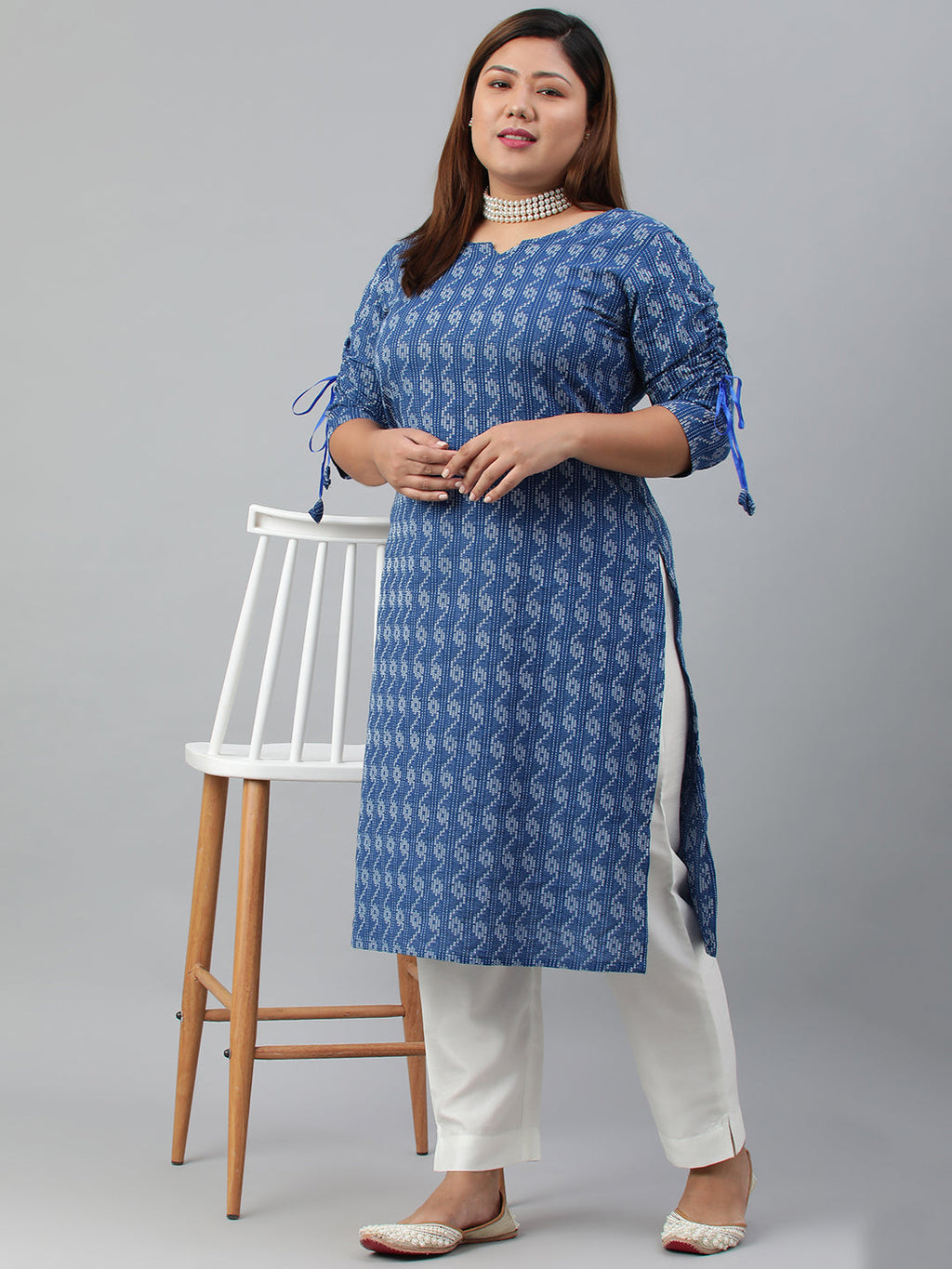 Janasya Women's Blue Cotton Woven Design Casual Straight Kurta