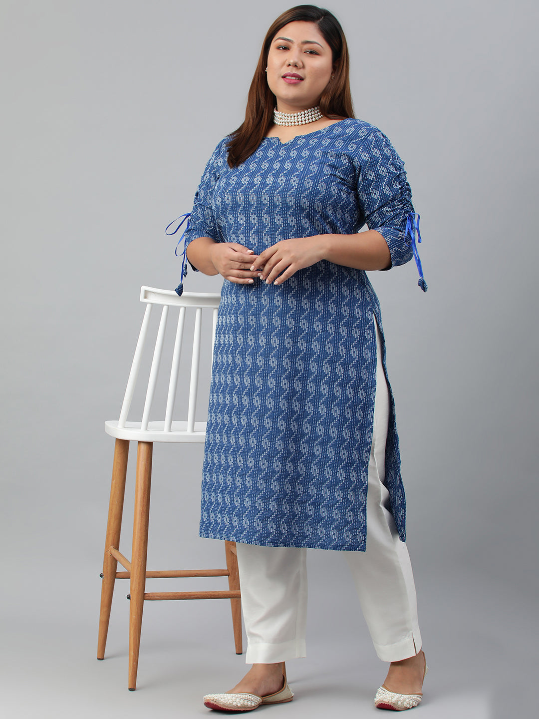 Janasya Women's Blue Cotton Woven Design Casual Straight Kurta