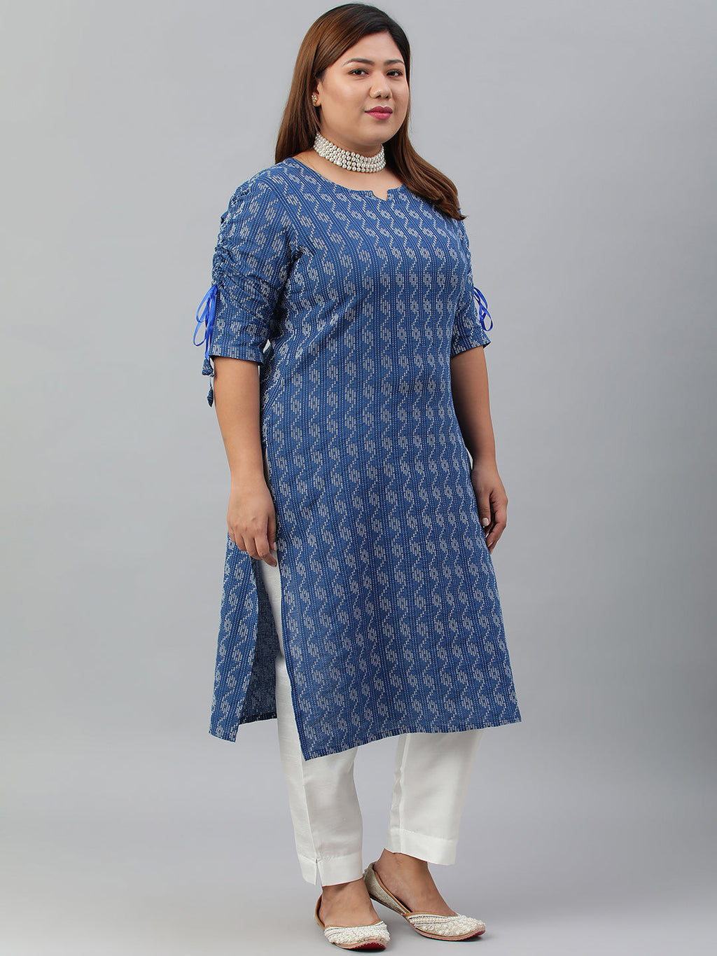 Janasya Women's Blue Cotton Woven Design Casual Straight Kurta