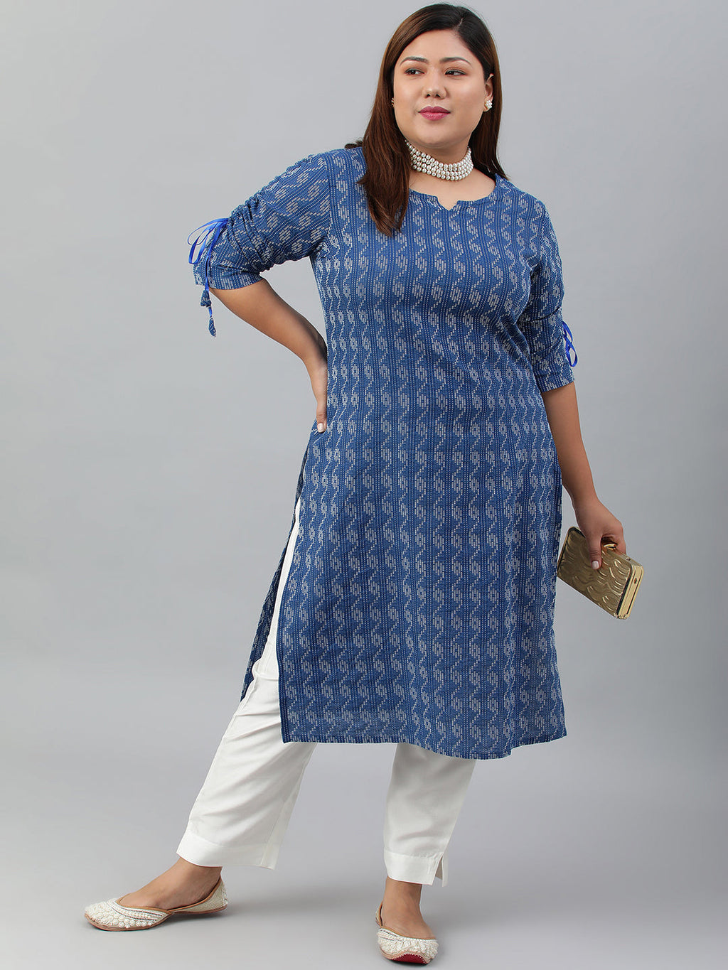 Janasya Women's Blue Cotton Woven Design Casual Straight Kurta