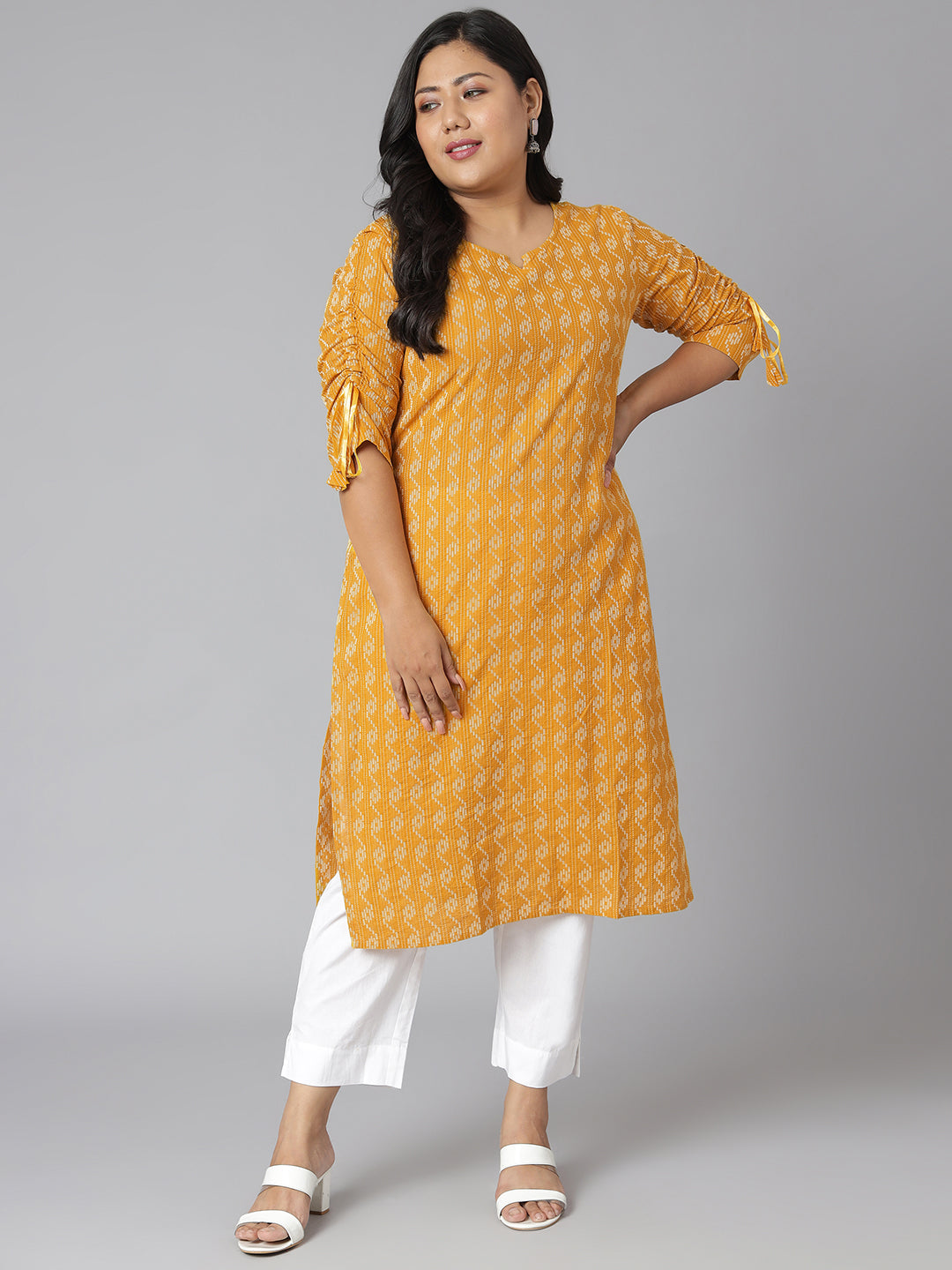 Janasya Women's Yellow Cotton Woven Design Casual Straight Kurta