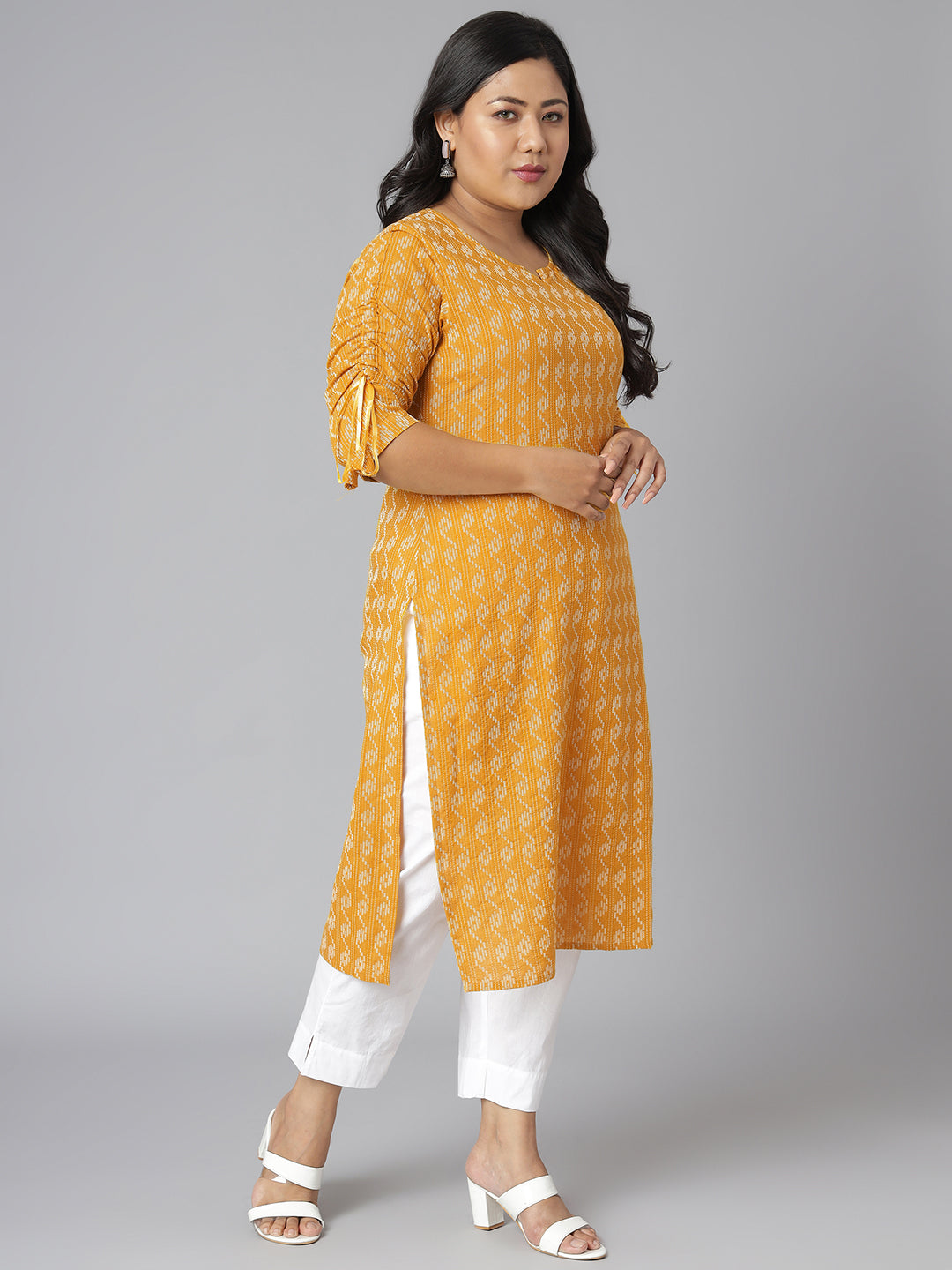 Janasya Women's Yellow Cotton Woven Design Casual Straight Kurta