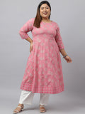 Janasya Women's Pink Cotton Foil Floral Printed Casual Anarkali kurta
