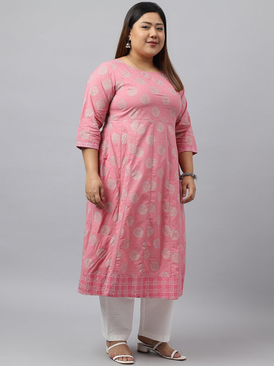 Janasya Women's Pink Cotton Foil Floral Printed Casual Anarkali kurta