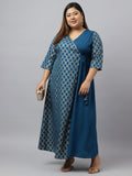 Janasya Teal Poly Crepe Foil Printed kurta