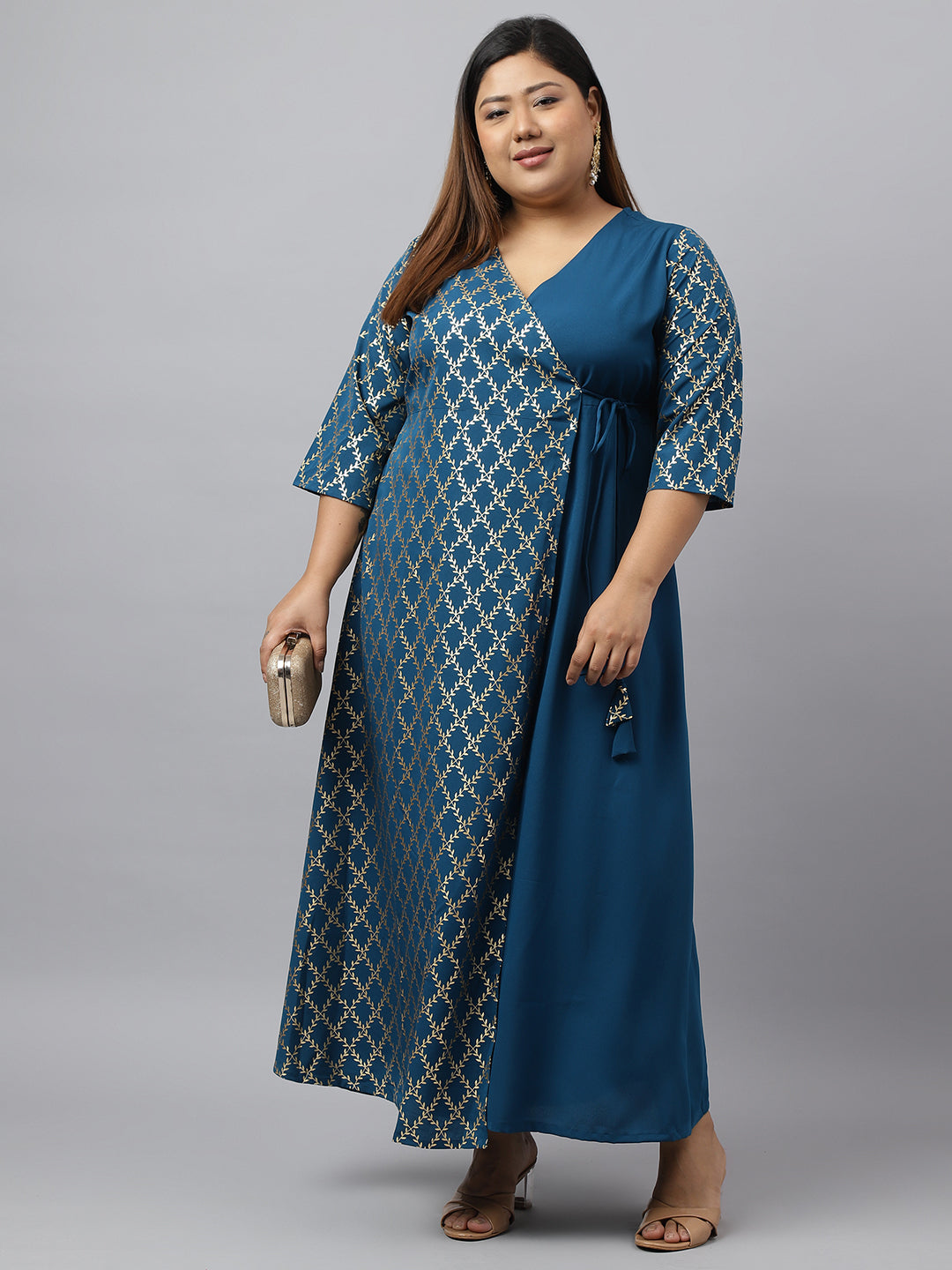 Janasya Teal Poly Crepe Foil Printed kurta