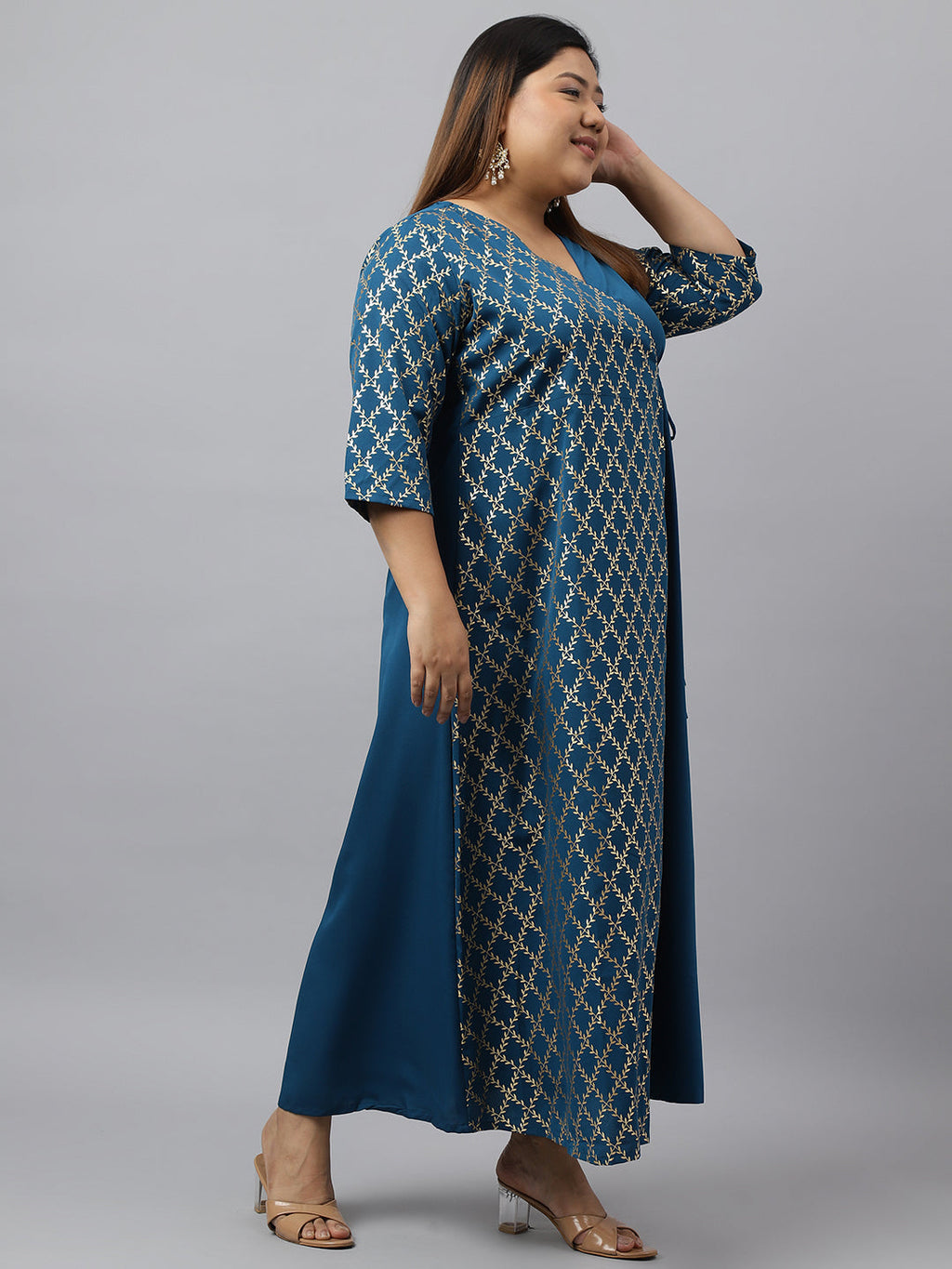 Janasya Teal Poly Crepe Foil Printed kurta