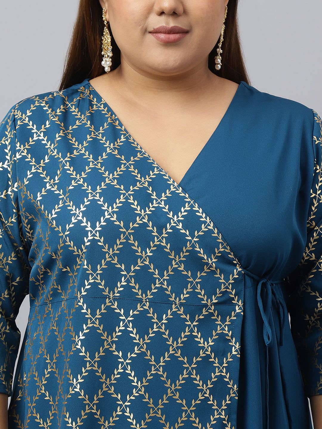 Janasya Teal Poly Crepe Foil Printed kurta