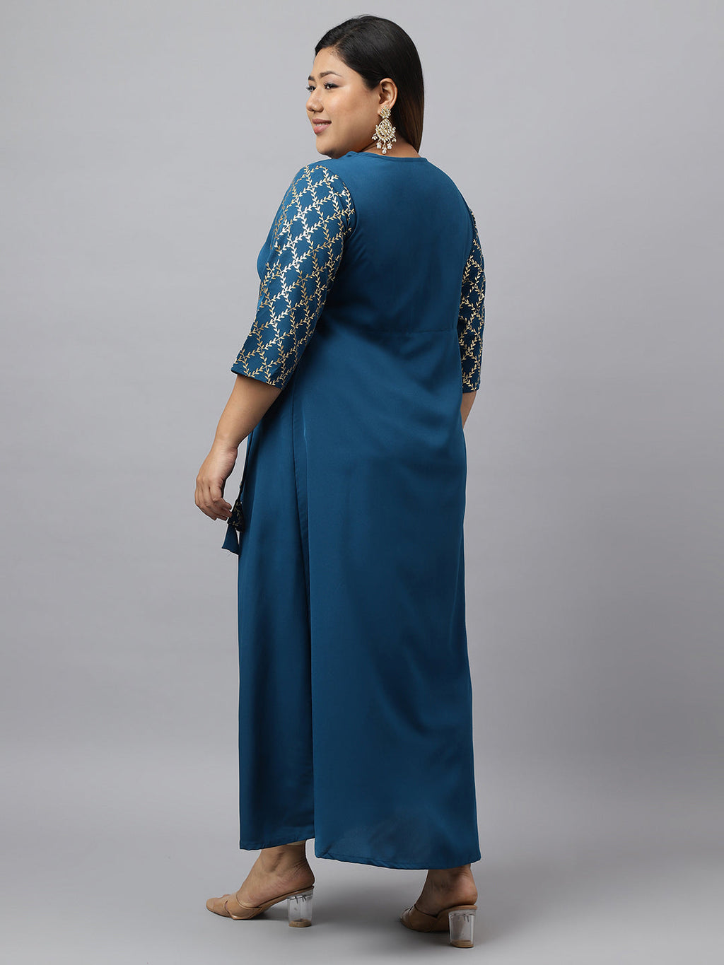 Janasya Teal Poly Crepe Foil Printed kurta