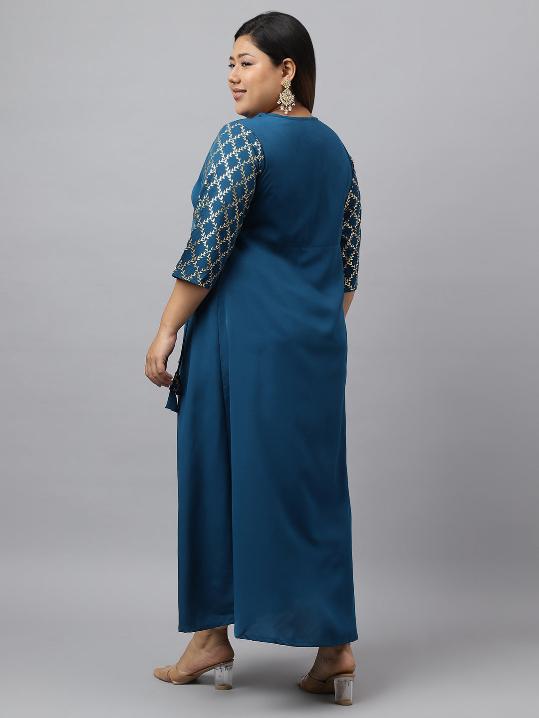 Janasya Teal Poly Crepe Foil Printed kurta