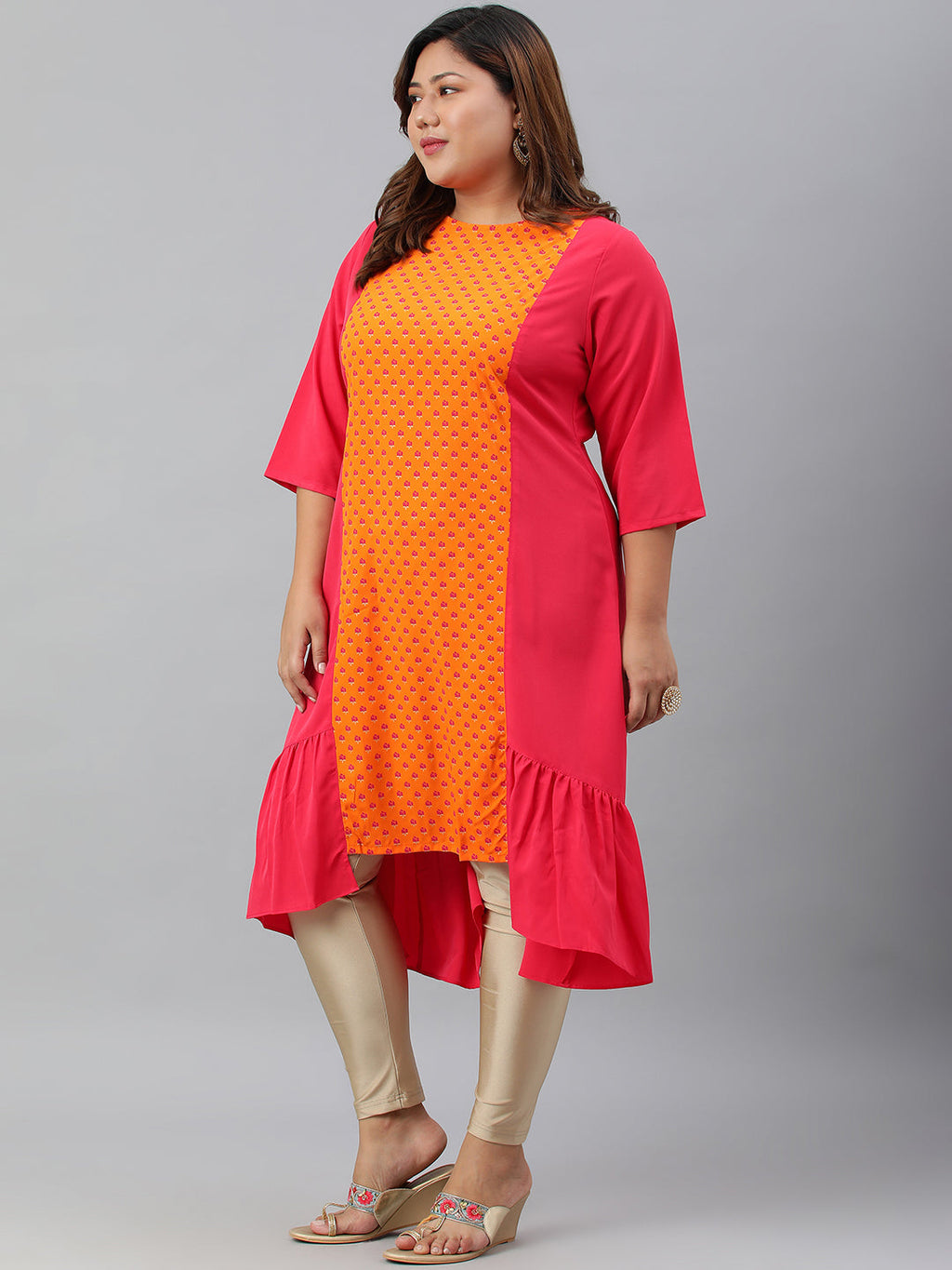 Janasya Women's Orange Poly Crepe Floral Print Casual A-line kurta