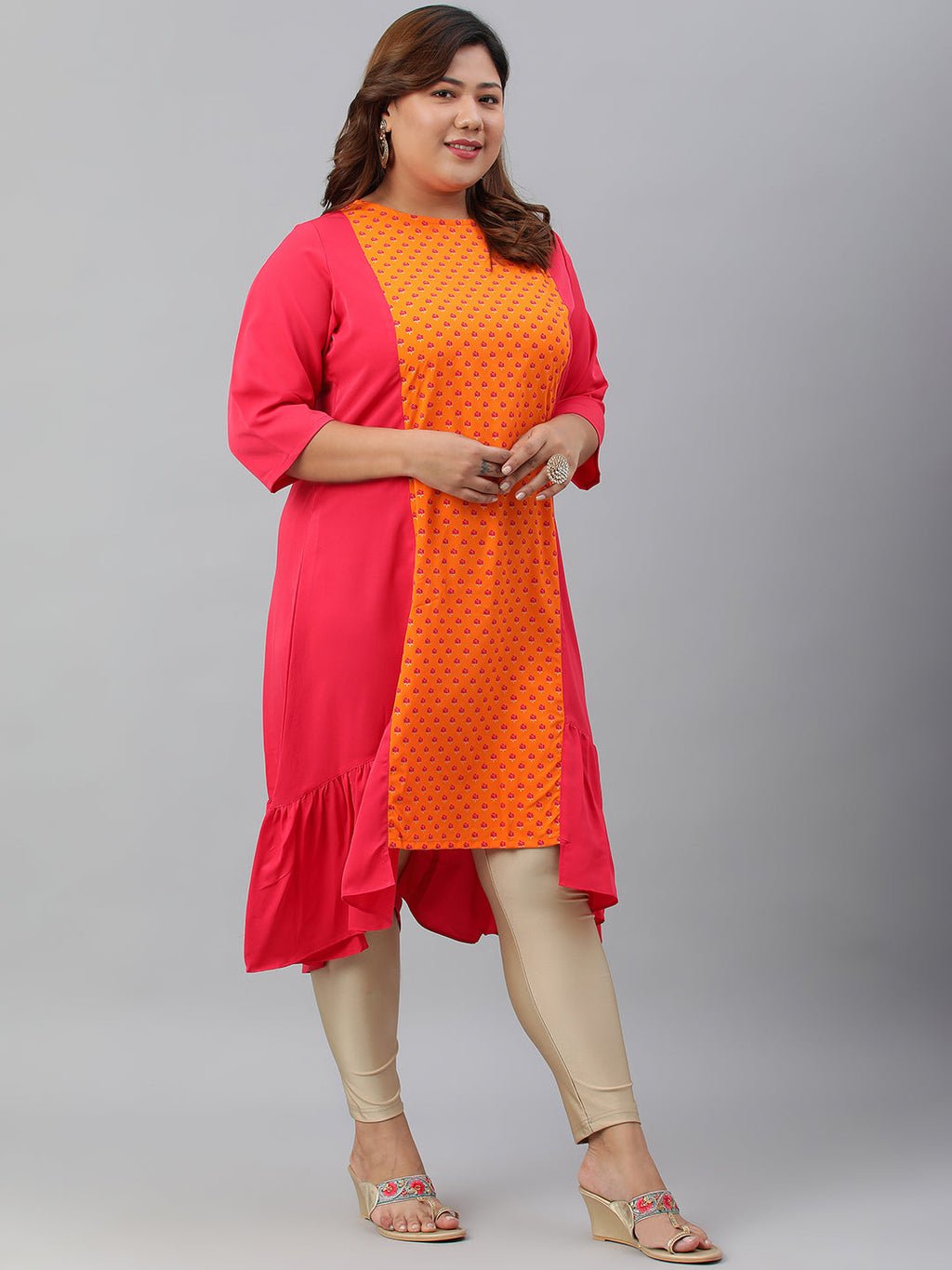Janasya Women's Orange Poly Crepe Floral Print Casual A-line kurta