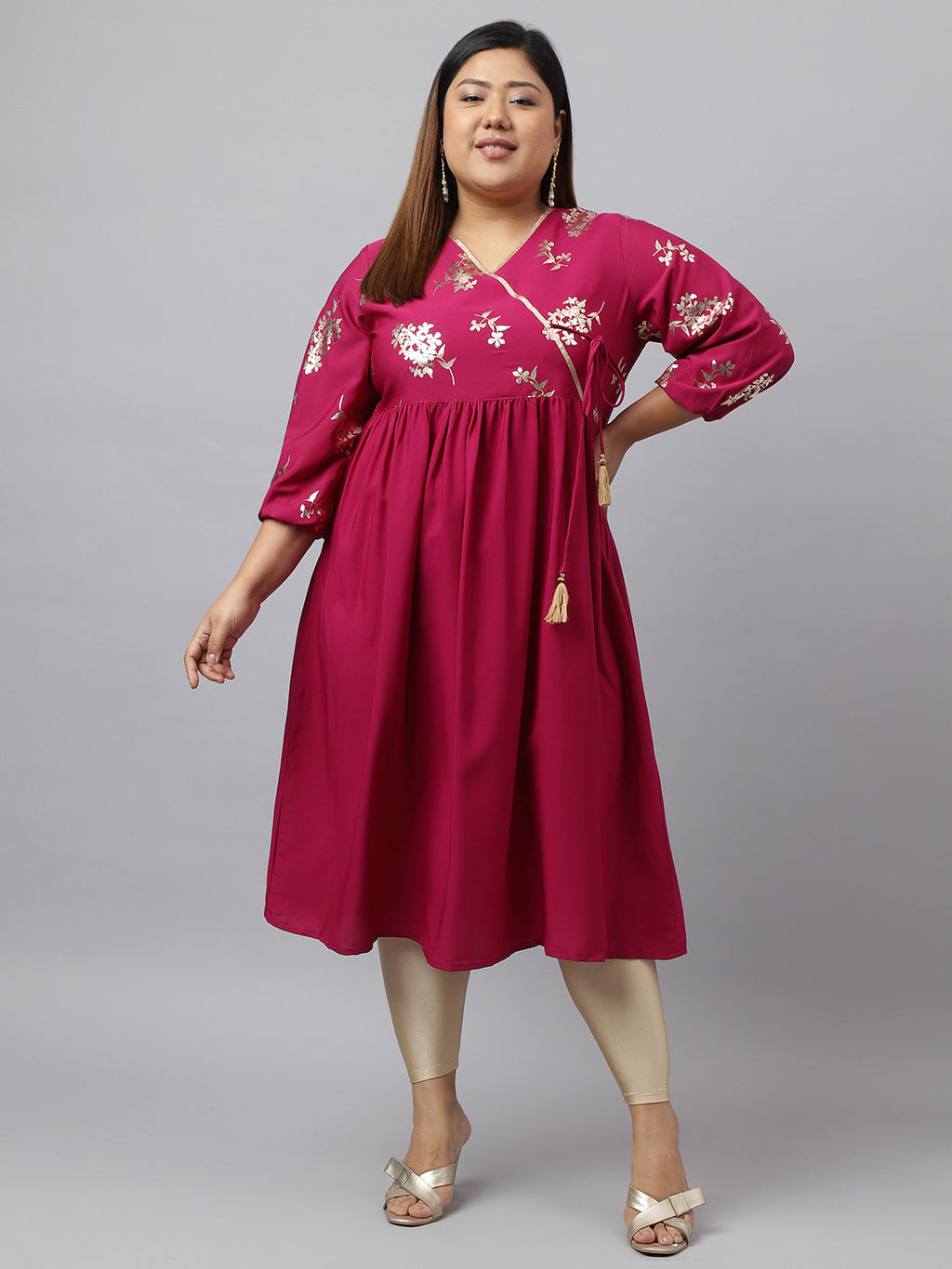 Janasya Magenta Poly Crepe Foil Floral Print kurta