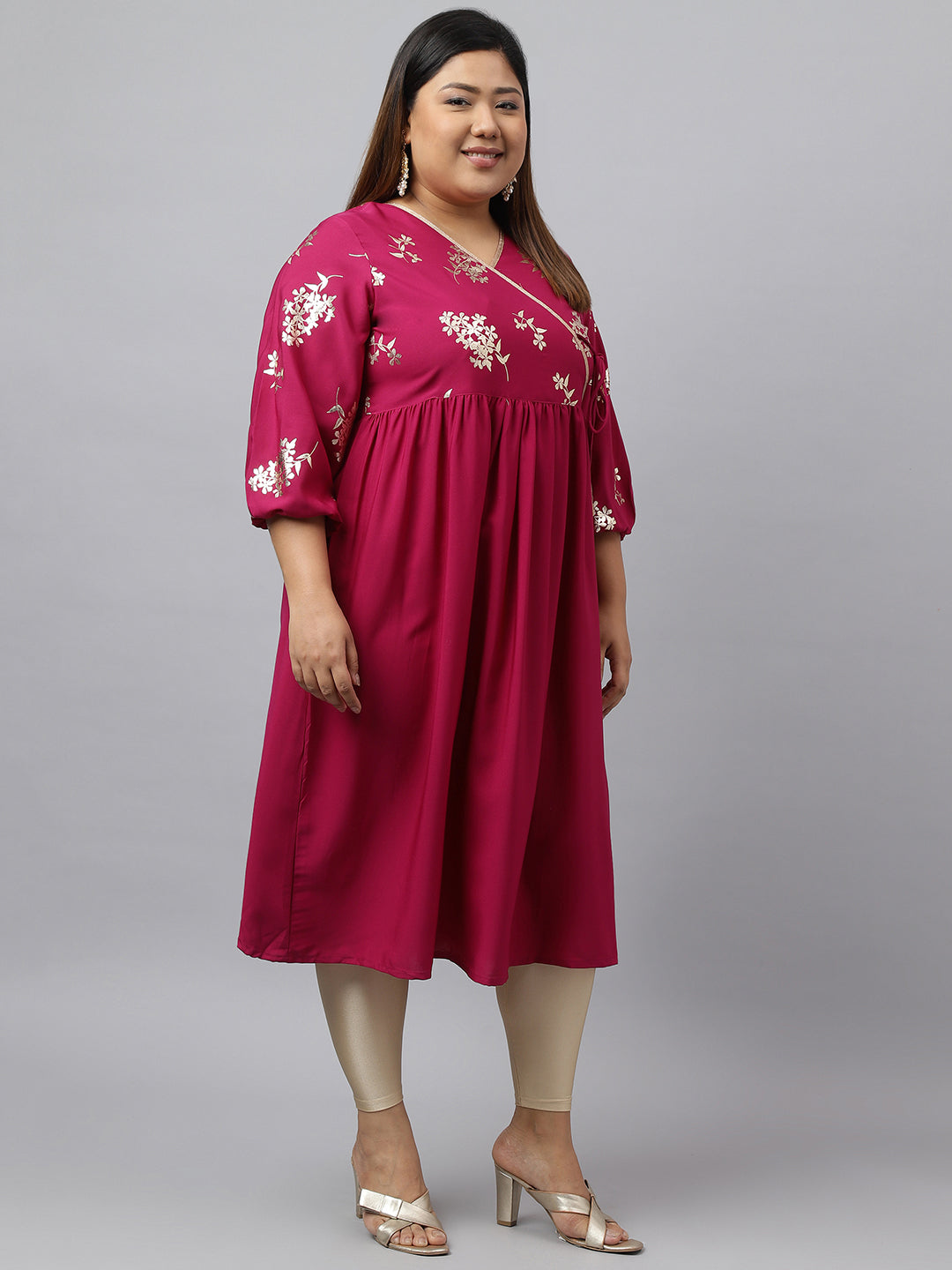 Janasya Magenta Poly Crepe Foil Floral Print kurta