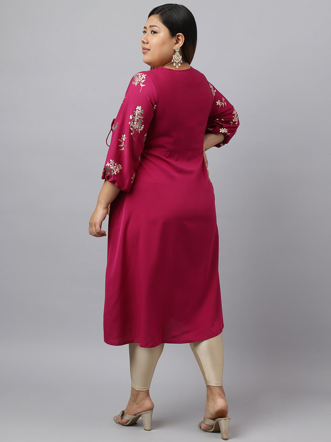 Janasya Magenta Poly Crepe Foil Floral Print kurta