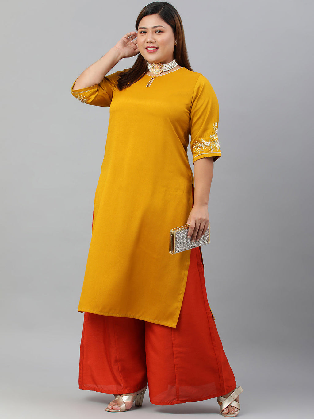 Janasya Women's Mustard Poly Silk Embroidered Festive & Party Straight kurta
