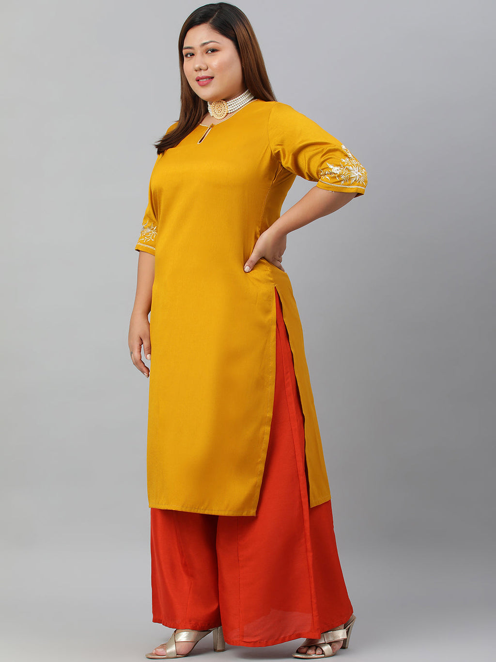 Janasya Women's Mustard Poly Silk Embroidered Festive & Party Straight kurta