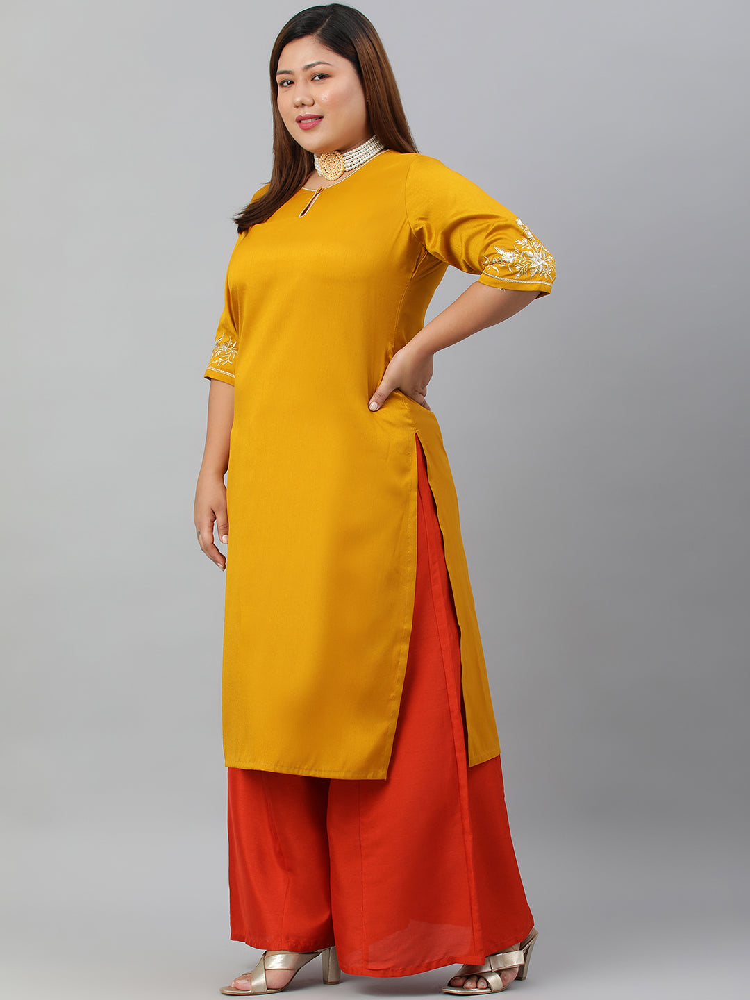 Janasya Women's Mustard Poly Silk Embroidered Festive & Party Straight kurta