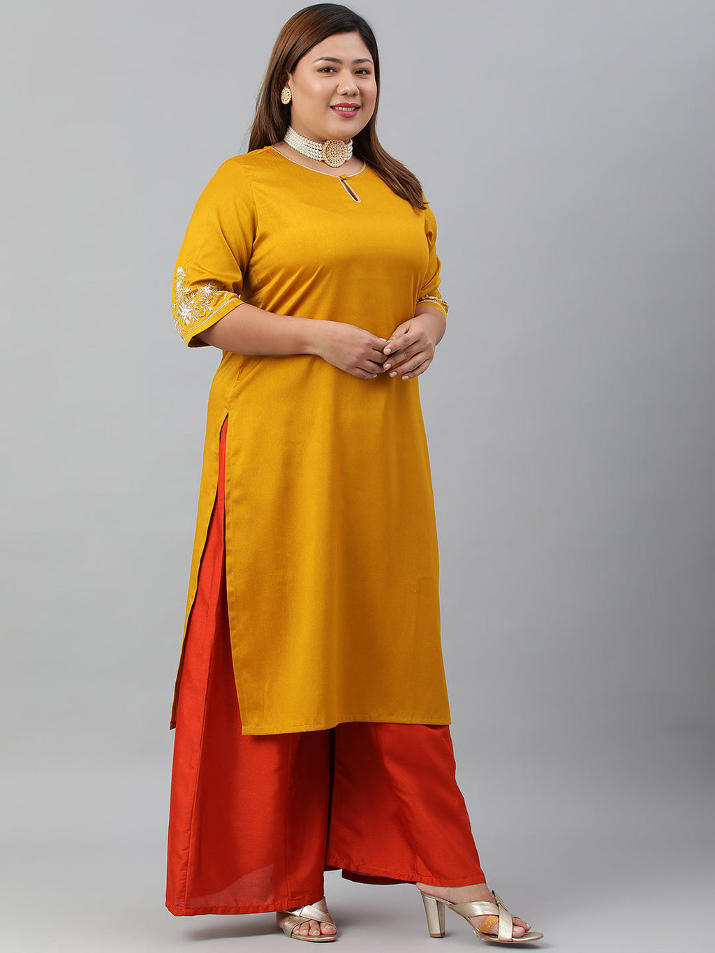 Janasya Women's Mustard Poly Silk Embroidered Festive & Party Straight kurta