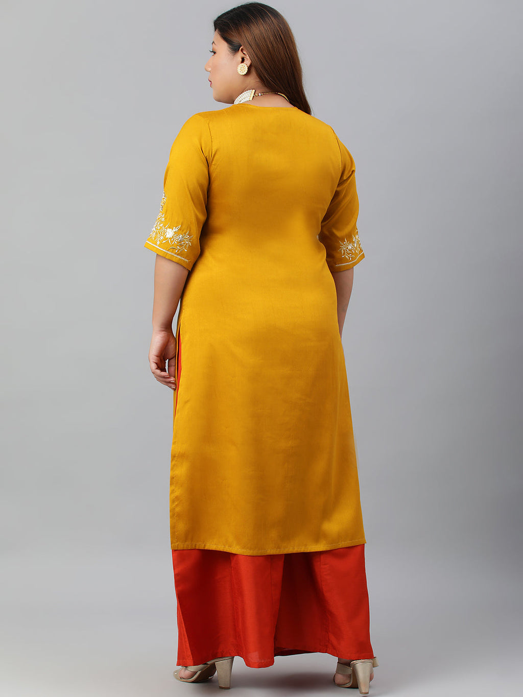Janasya Women's Mustard Poly Silk Embroidered Festive & Party Straight kurta