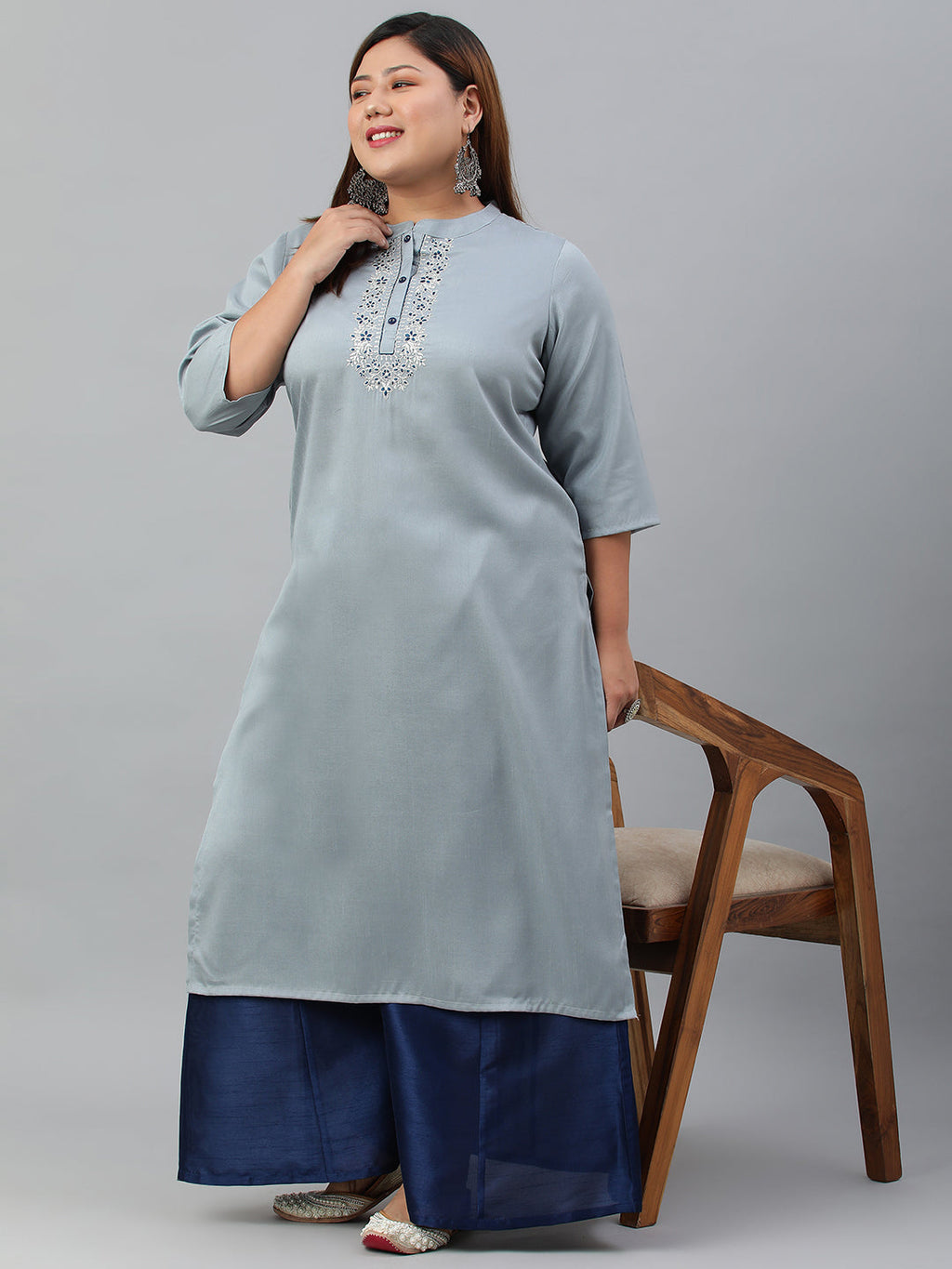 Janasya Women's Grey Poly Silk Solid Festive & Party Straight kurta